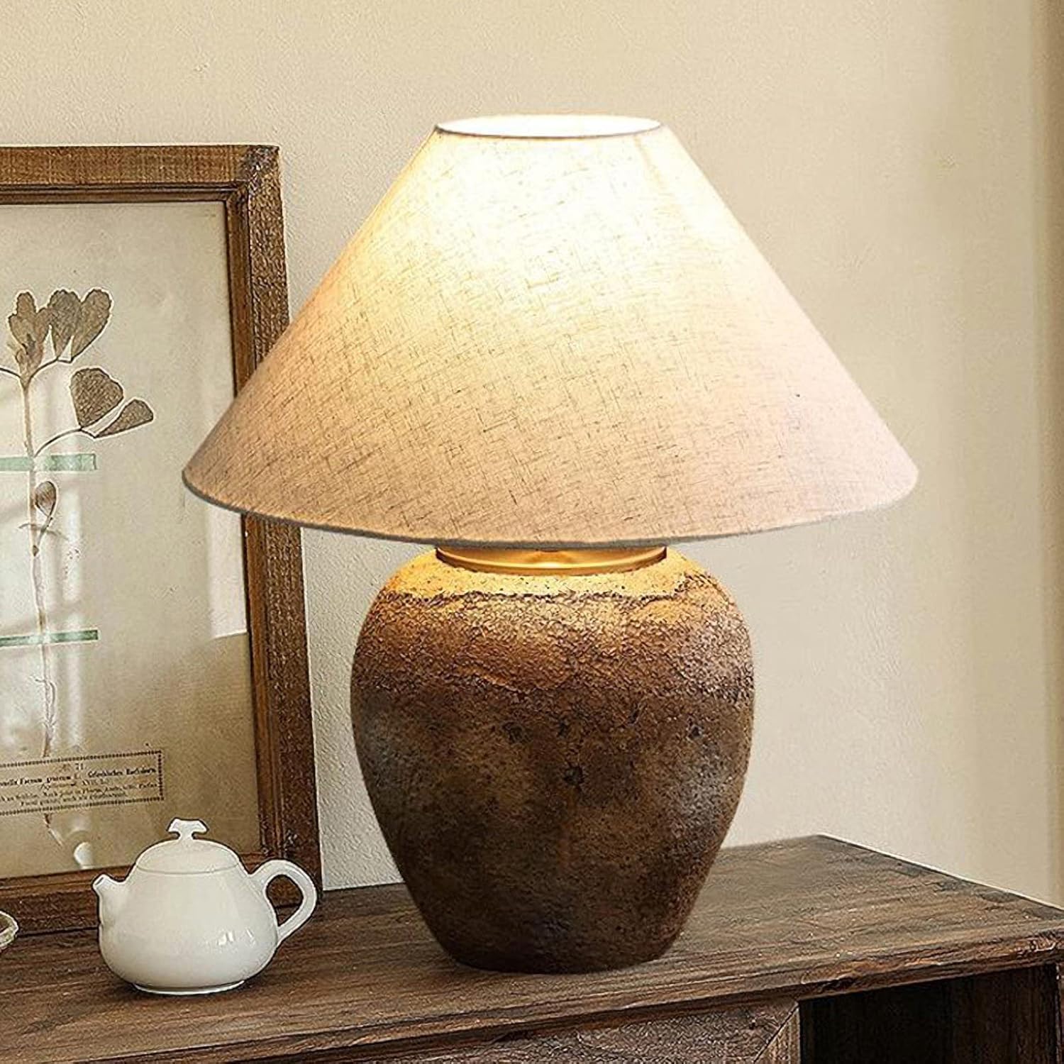 Rustic Farmhouse Clay Pot Table Lamps 19.6' Tall Ceramic Table Lamp, American Southwestern Textured Ceramic Lamp Body with White Textured Shade Bedside Table Lamp for Living Room Bedroom Office