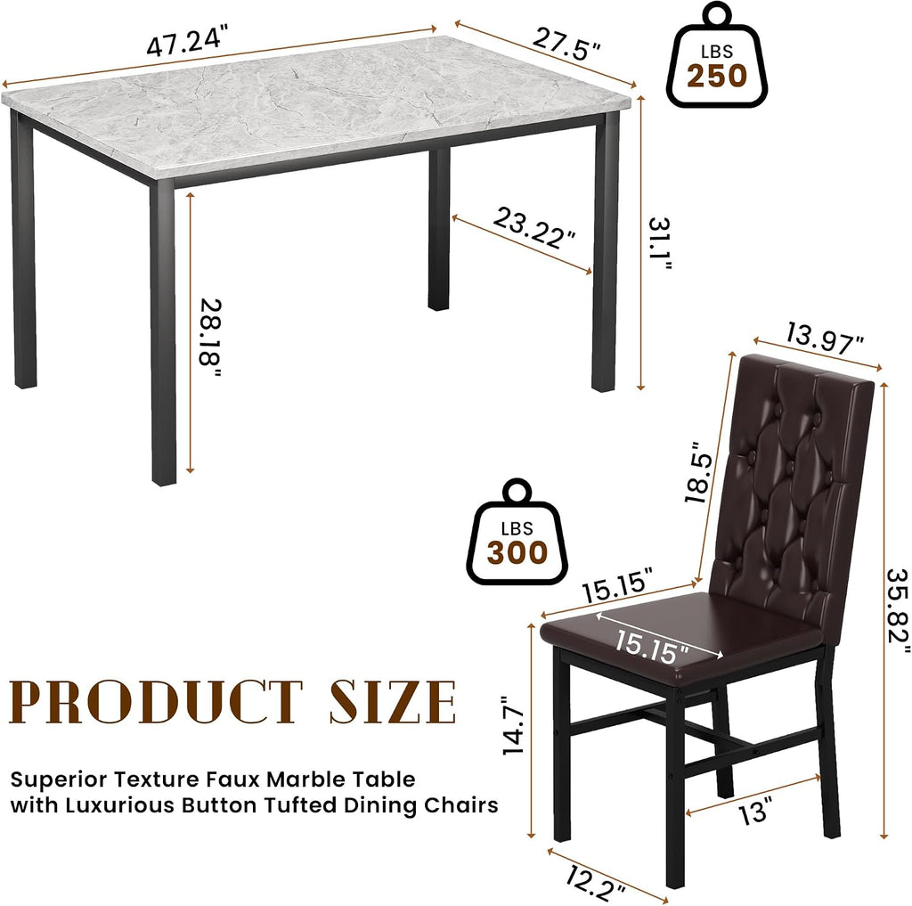 Hooseng Dining Table Set for 4, Faux Marble Small Kitchen Table Chairs Set of 4 with Luxurious Button Tufted Dinner Chairs for Kitchen and Dining(Brown)