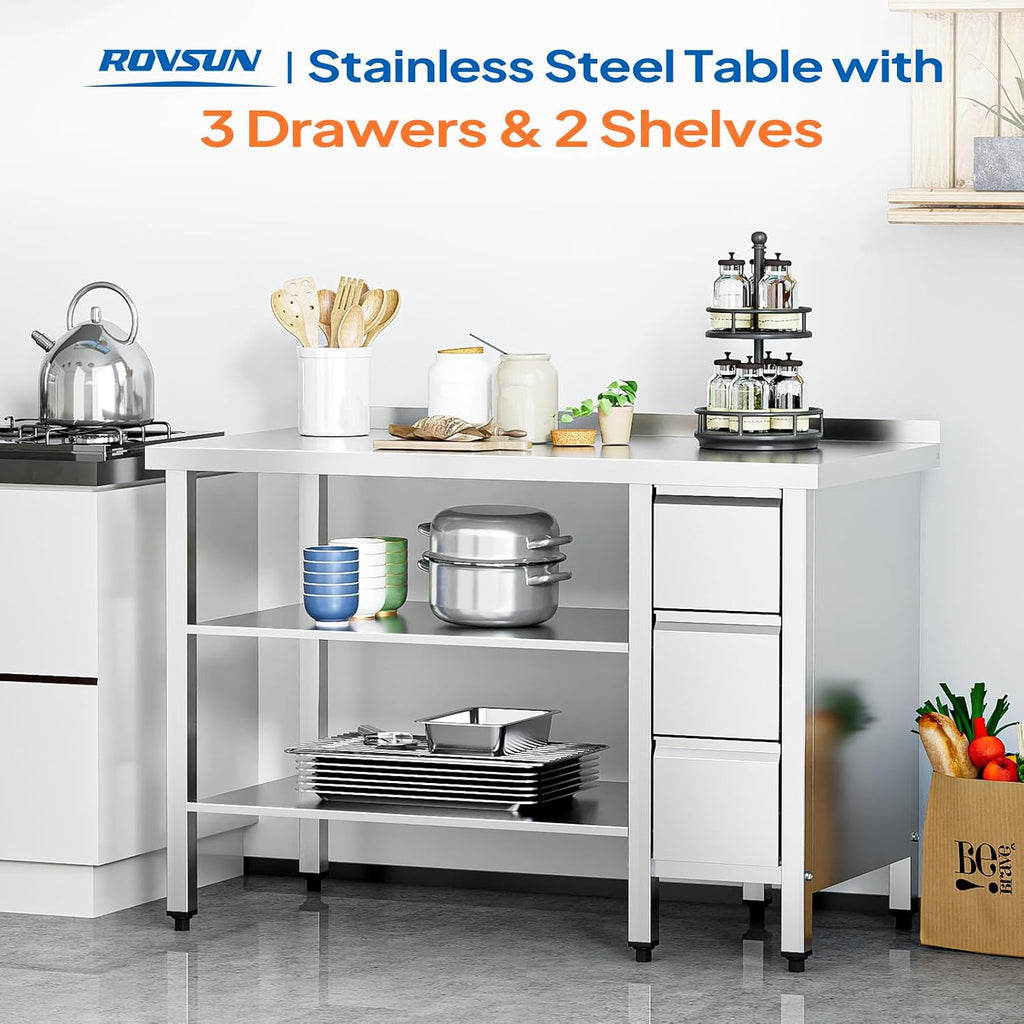 ROVSUN 48 x 24 Inches Stainless Steel Table with 3 Drawers, Heavy Duty Metal Prep & Work Table with Undershelf for Commercial Kitchen, Restaurant, Home, Hotel and Garage