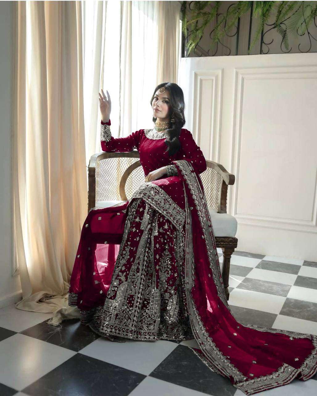 AYOSA RETAIL Women's Faux Georgette Embroidered Straight Kurta with Sharara & Dupatta Set with Rivet Moti Work