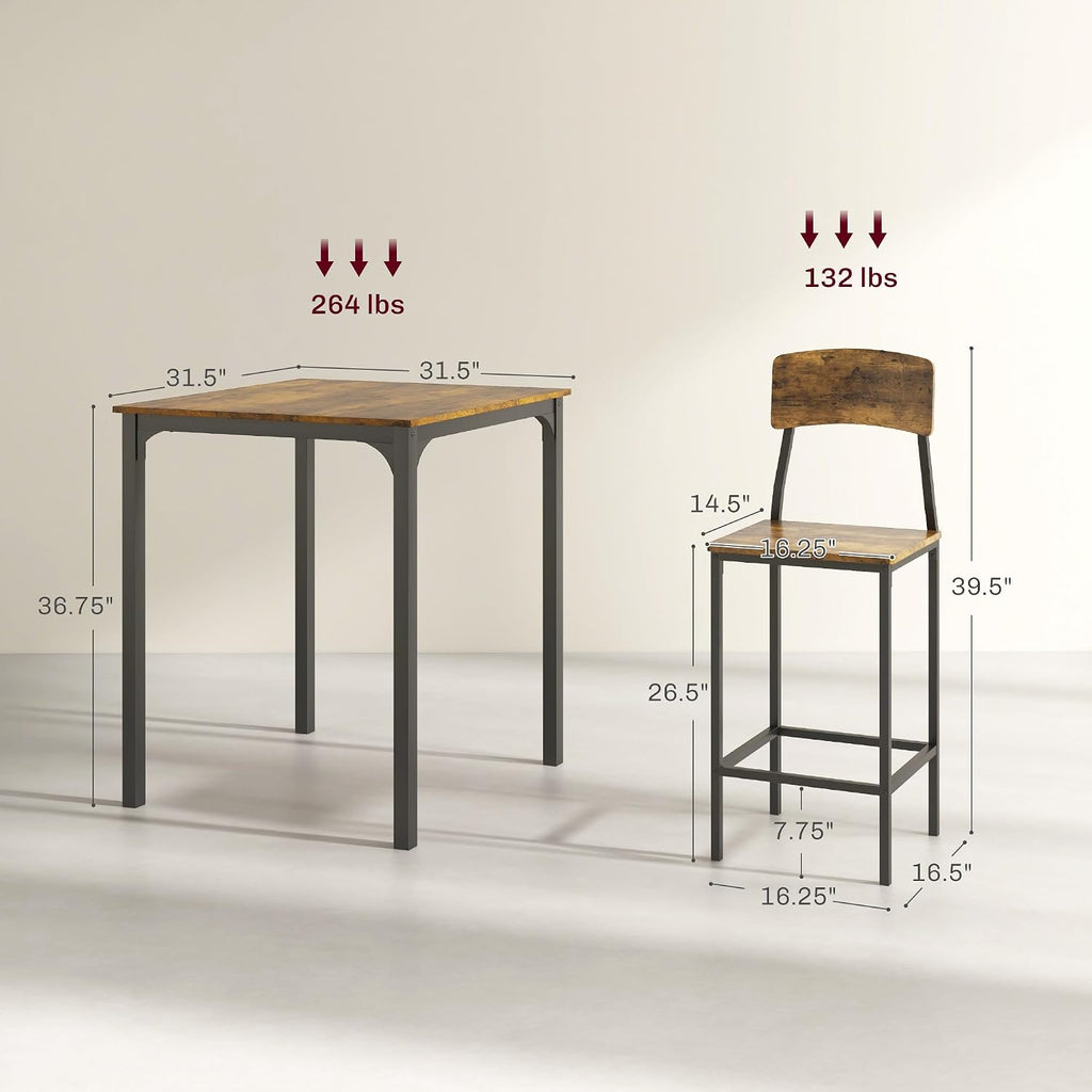 HOMCOM 3-Piece Counter Height Bar Table with Space-Saving Design, Square Kitchen Table and Chairs Set with Footrest, Metal Legs, Industrial Dining Table Set for 2, Rustic Brown and Black