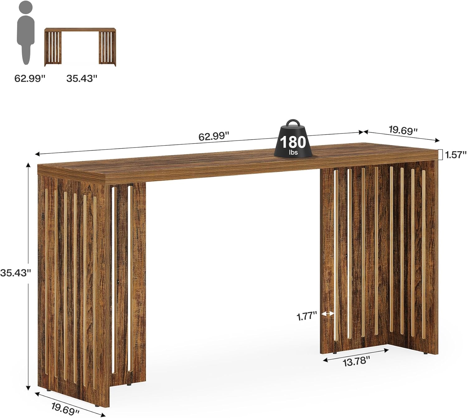 Tribesigns Bar Table, 63-Inch Counter Height Pub Table, Industrial Bar Height Table, Rectangular High Top Kitchen & Dining Counter Tables with Louvered Base for Narrow Space, Rustic Brown