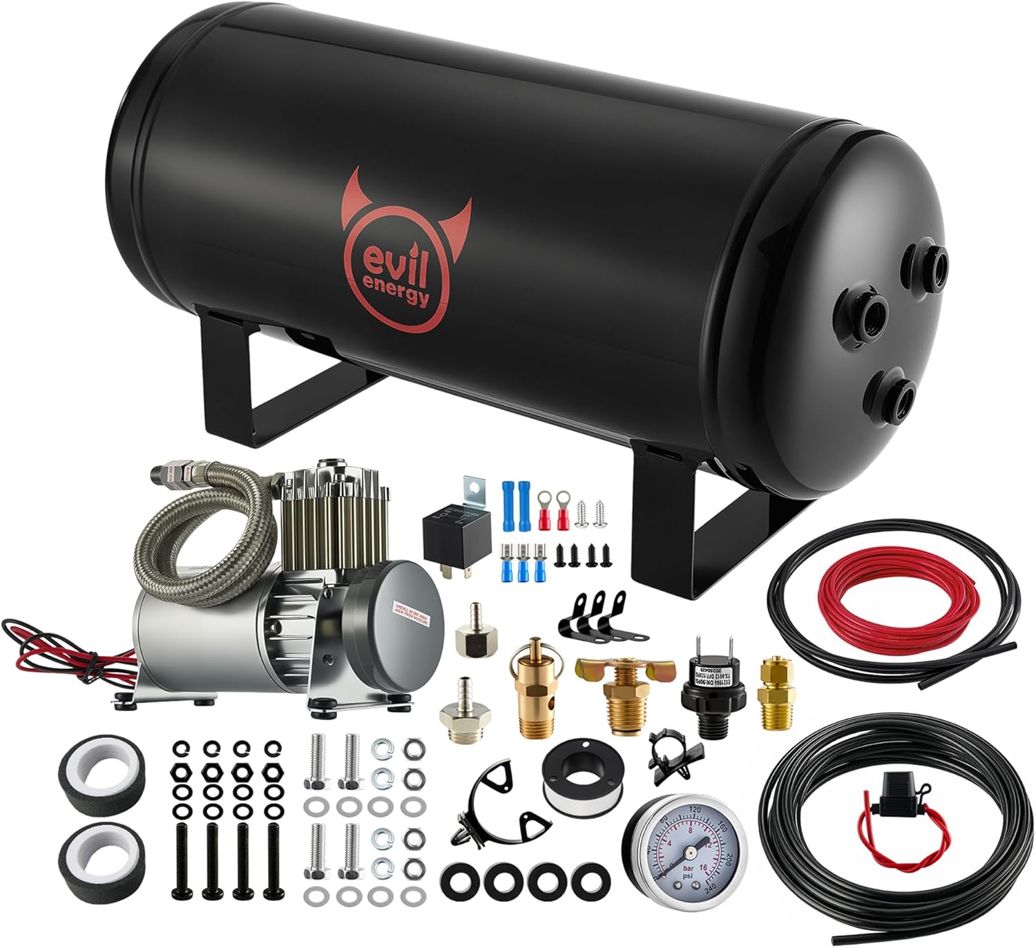 EVIL ENERGY 2 Gallon Air Tank and Compressor Kit 6 Ports 1/4' NPT 150PSI Rated 12V Compressor Air Tank for Air Horn, Inflating Tires, Car, Truck, Suspension Systems, Train Horn, DIY Pneumatic Tools