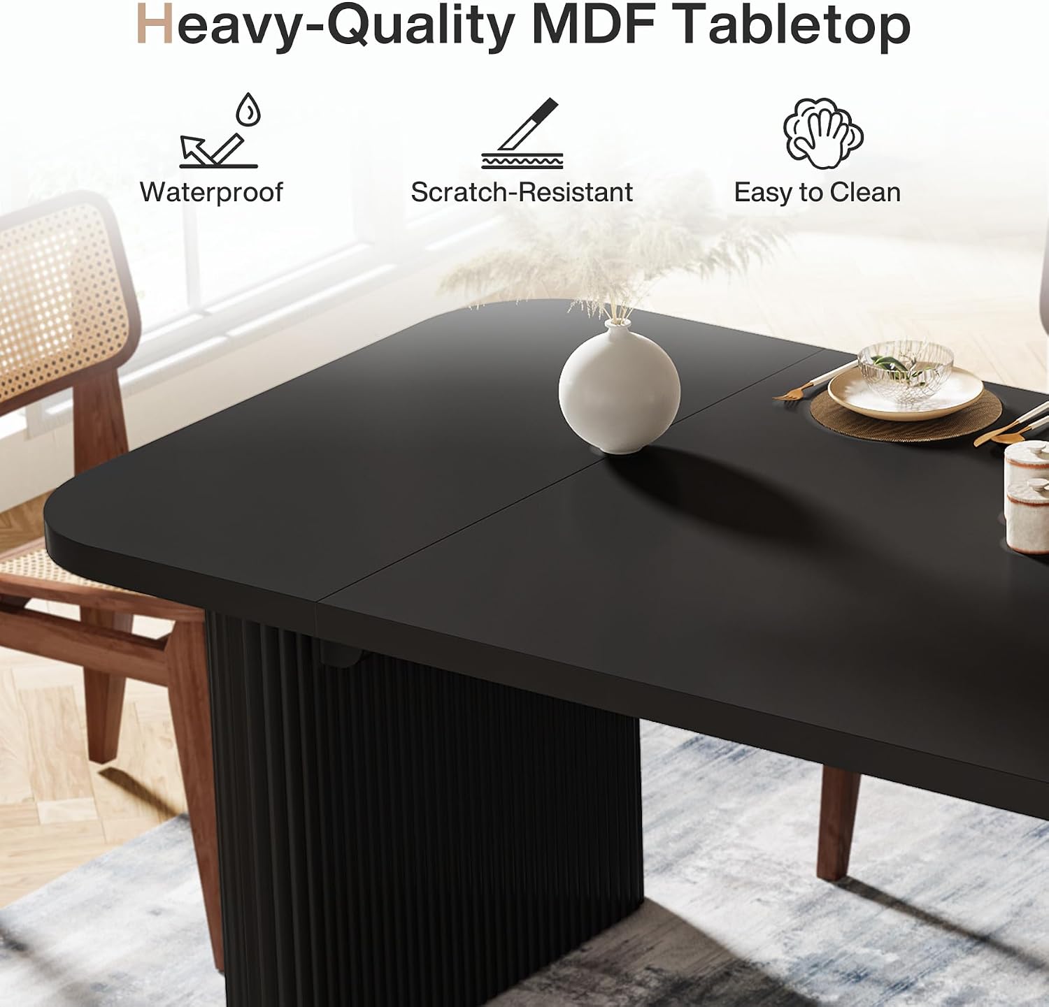 Tribesigns Modern Dining Table for 6 People, 62-Inch Black Kitchen Table with Double Robust Pedestal, Long Rectangle Wood Dinner Table for Dining Room, Coffee Black