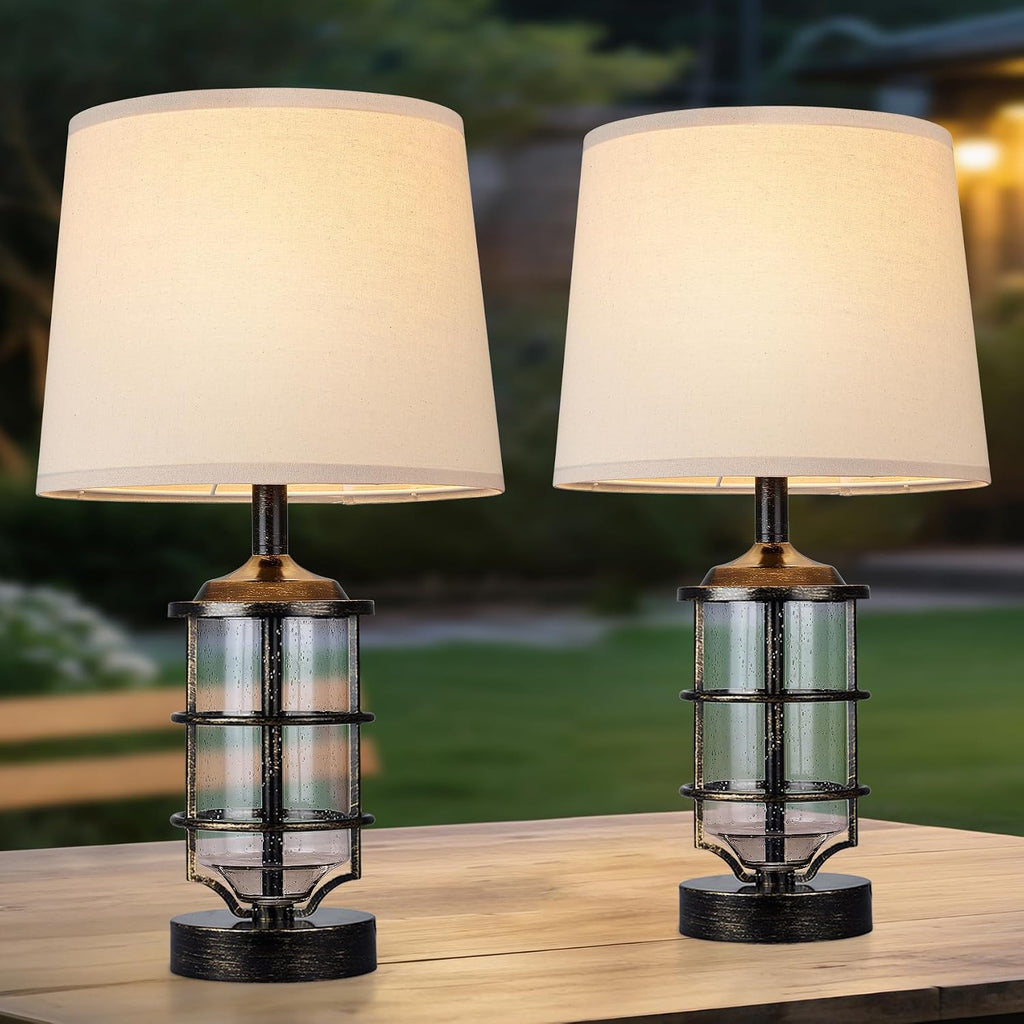 Outdoor Table Lamps Set of 2, Farmhouse Lamps for Patio Table Decor with Cord, Rustic Table Lights with Seeded Glass, 23.5' Plug-in Outdoor Lamps for Patio Waterproof (Antique Copper)