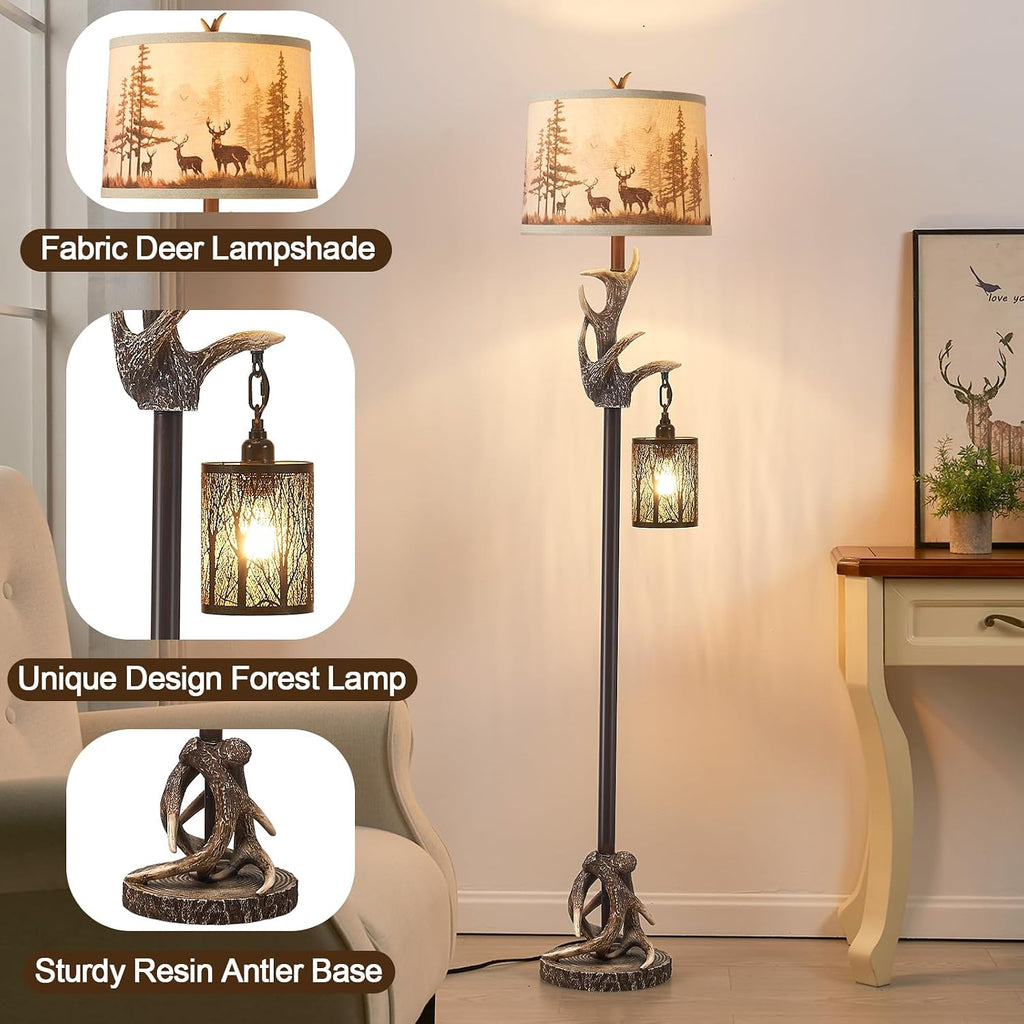 Rustic Deer Antlers Floor Lamps with Forest-Style Nightlight Finish Shade Lamps, Vintage Farmhouse Antlers Floor Lamp for Living Room Bedroom Office Study House (Bulbs Included)