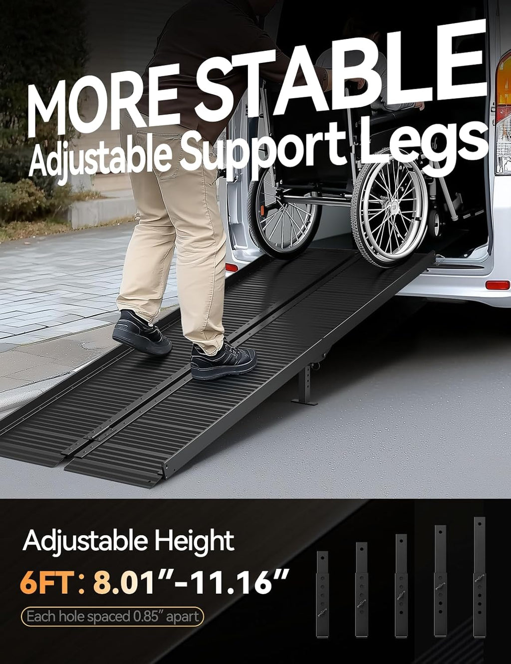Black Aluminum Ramp 6FT with Sopport Legs, with Non-Slip Surface Wheelchair Ramp, Folding Portable Wheelchair Ramps for Home Steps,Scooter Ramp for Car, Stairs, Doorways, 800 LBS Weight Capacity