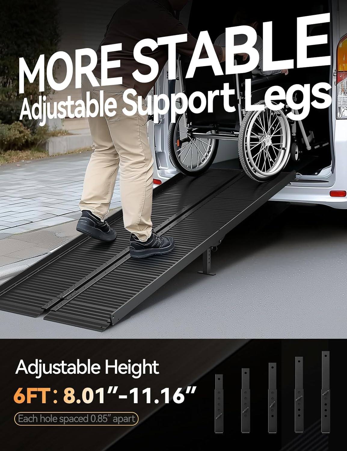 Black Aluminum Ramp 6FT with Sopport Legs, with Non-Slip Surface Wheelchair Ramp, Folding Portable Wheelchair Ramps for Home Steps,Scooter Ramp for Car, Stairs, Doorways, 800 LBS Weight Capacity