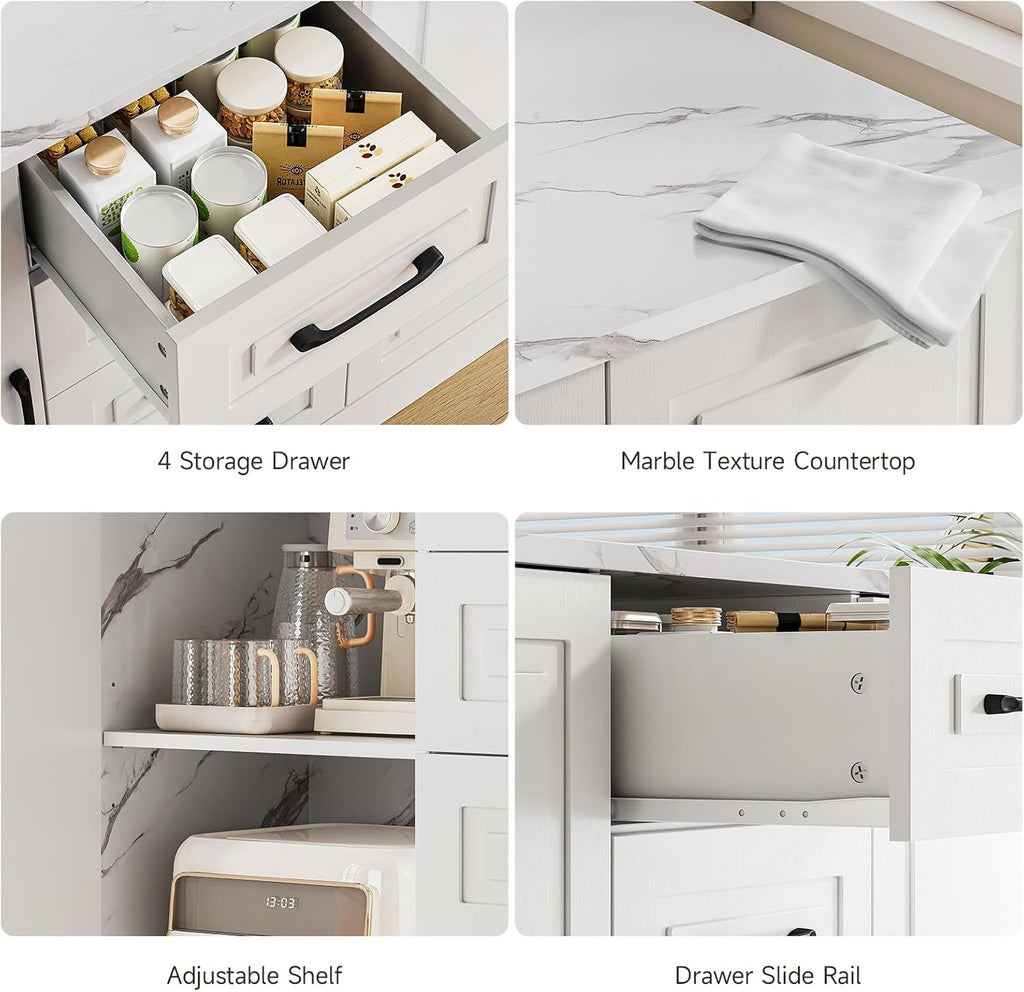 ONBRILL 47.3' Kitchen Island with 2 Storage Cabinets & 4 Drawers, Modern Imitation Marble Dining Table with Power Outlet, Island Bar Table for Kitchen, Dining Room, Living Room, White