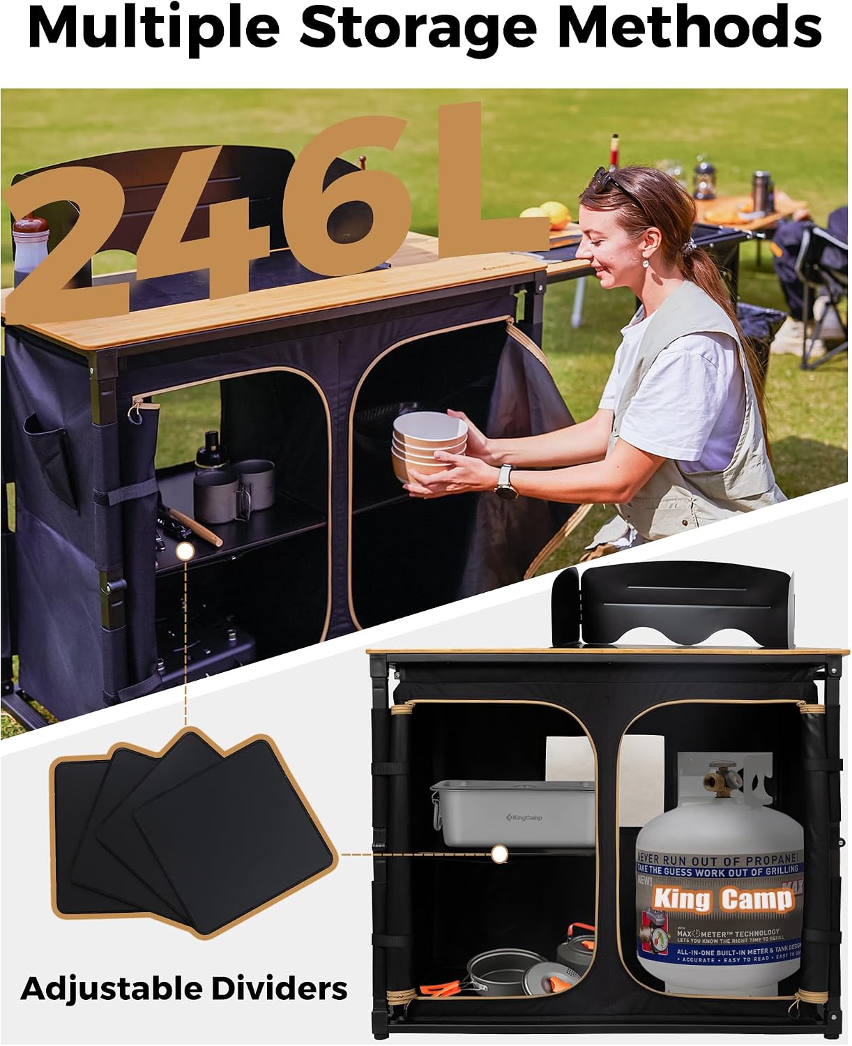 KingCamp Bamboo Camp Kitchen Station, Folding Overland Camping Kitchen Table Hooks Portable Outdoor Cooking with Adjustable Lantern Pole & Windshield Storage Organizer for Tailgating BBQ Picnic RV
