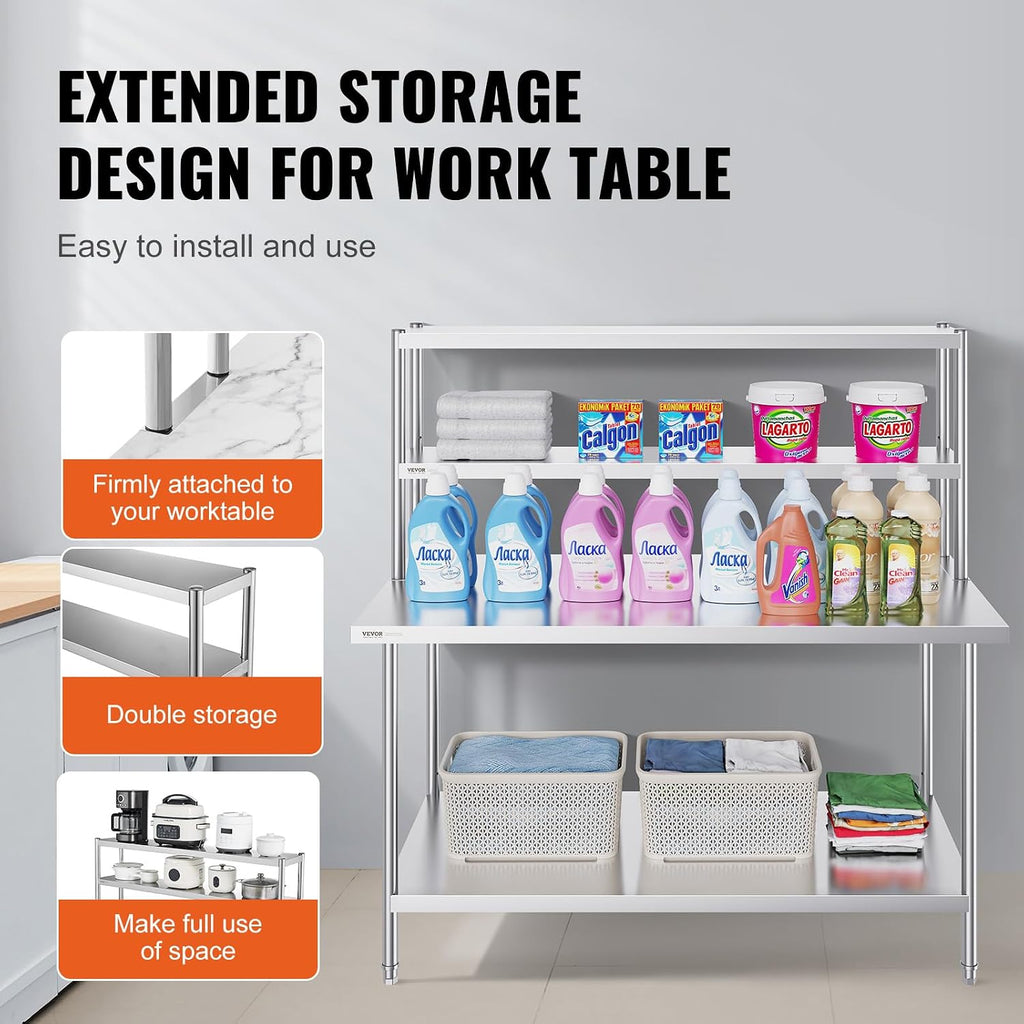 VEVOR Stainless Steel Overshelf, 12 x 60 Inch Double Deck Height Adjustable Prep Work Table for Kitchen, Restaurant and Workshop