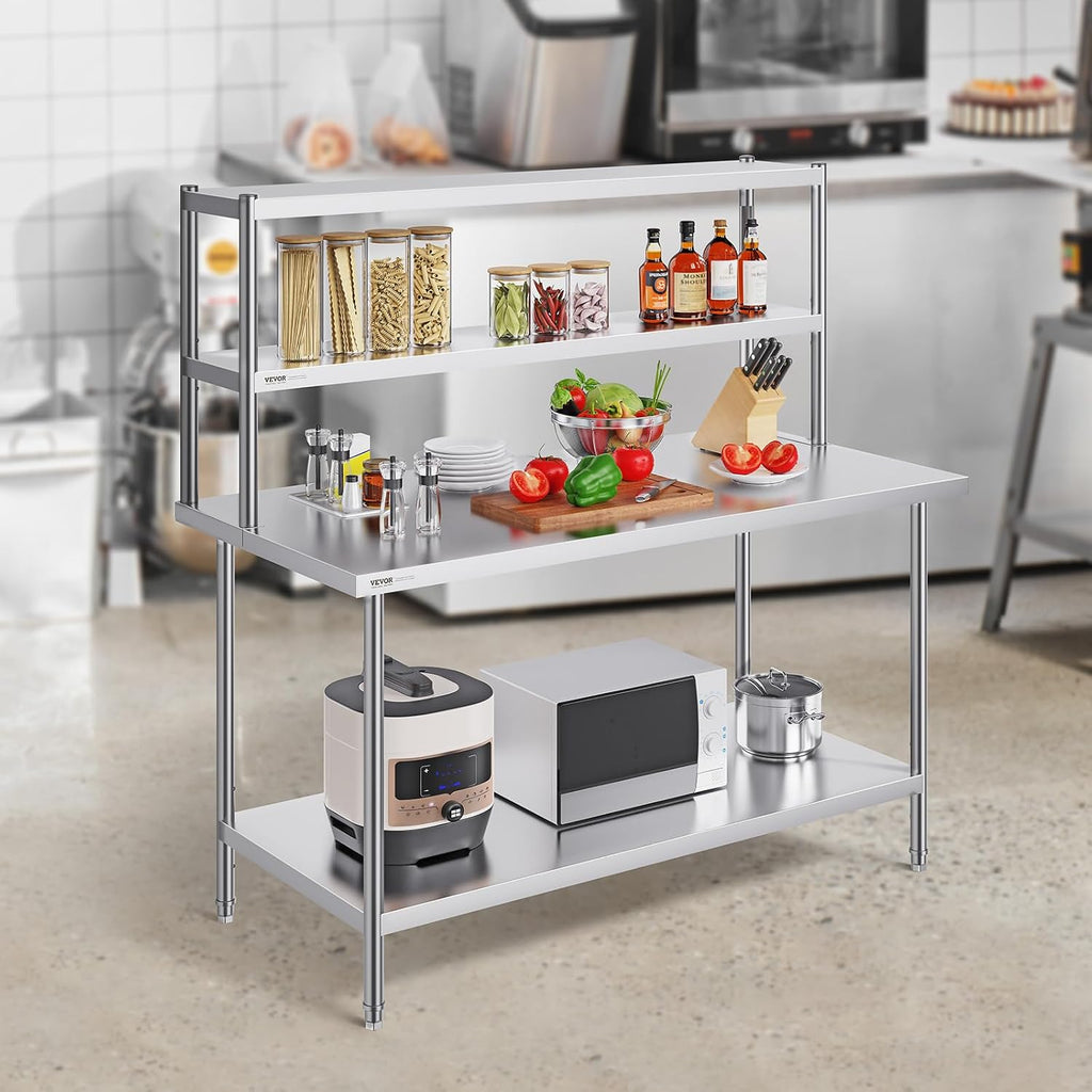 VEVOR Stainless Steel Overshelf, 12 x 60 Inch Double Deck Height Adjustable Prep Work Table for Kitchen, Restaurant and Workshop