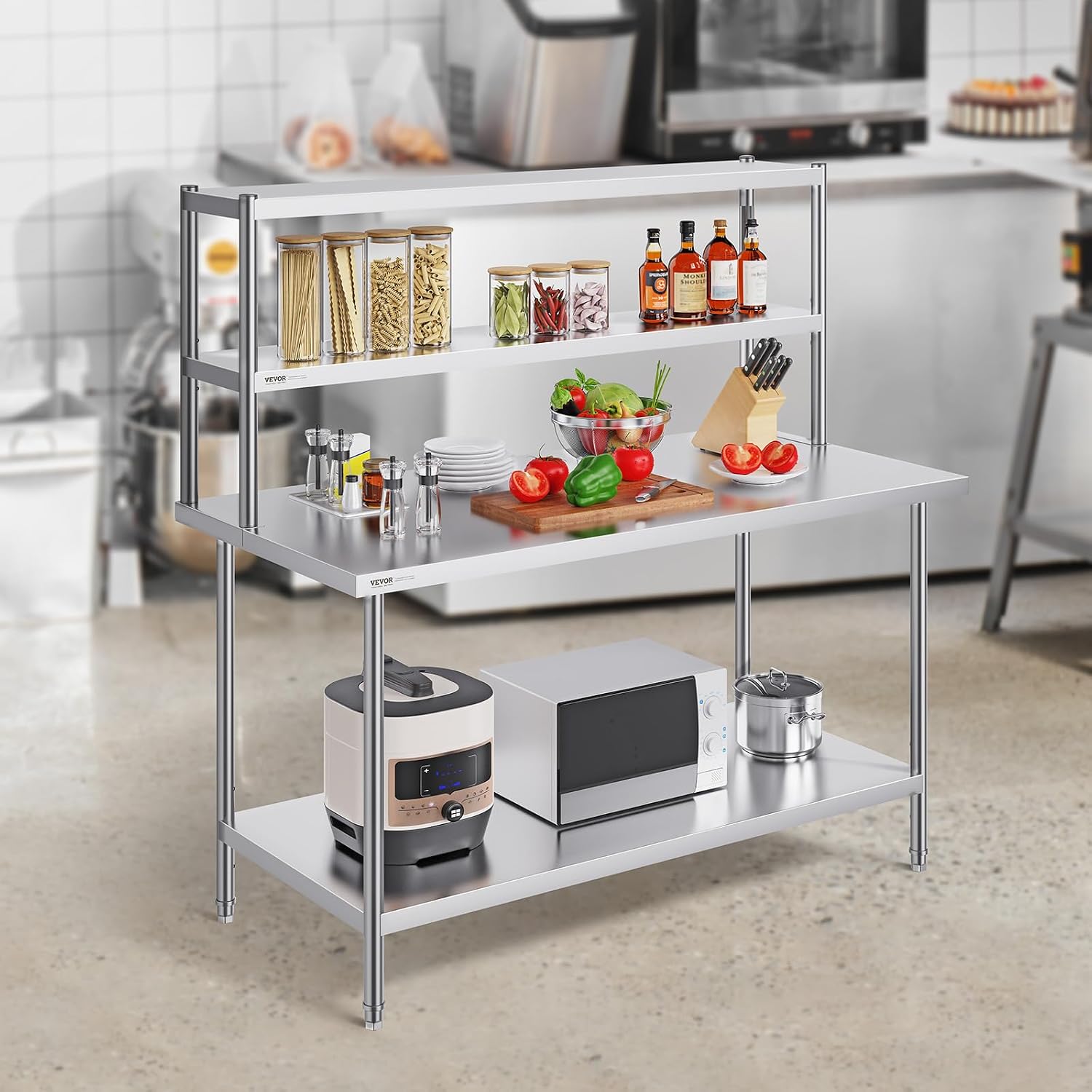 VEVOR Stainless Steel Overshelf, 12 x 60 Inch Double Deck Height Adjustable Prep Work Table for Kitchen, Restaurant and Workshop