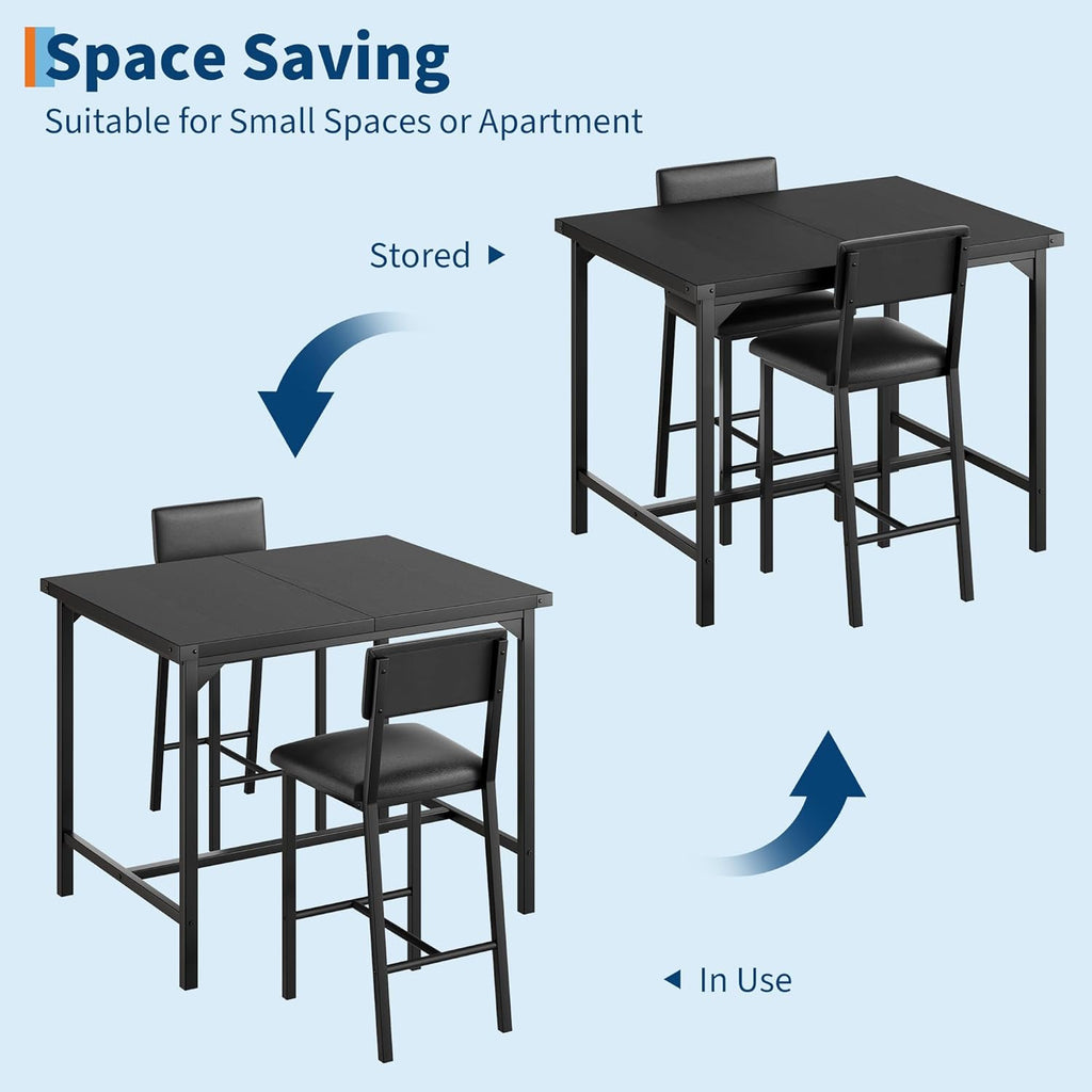 GarveeHome Dining Table Set for 2 with Corner Protector, Kitchen Table Set w/Footrest & Backrest, Counter Height Table with 2 Upholstered Bar Chairs, for Small Space, Retro Black