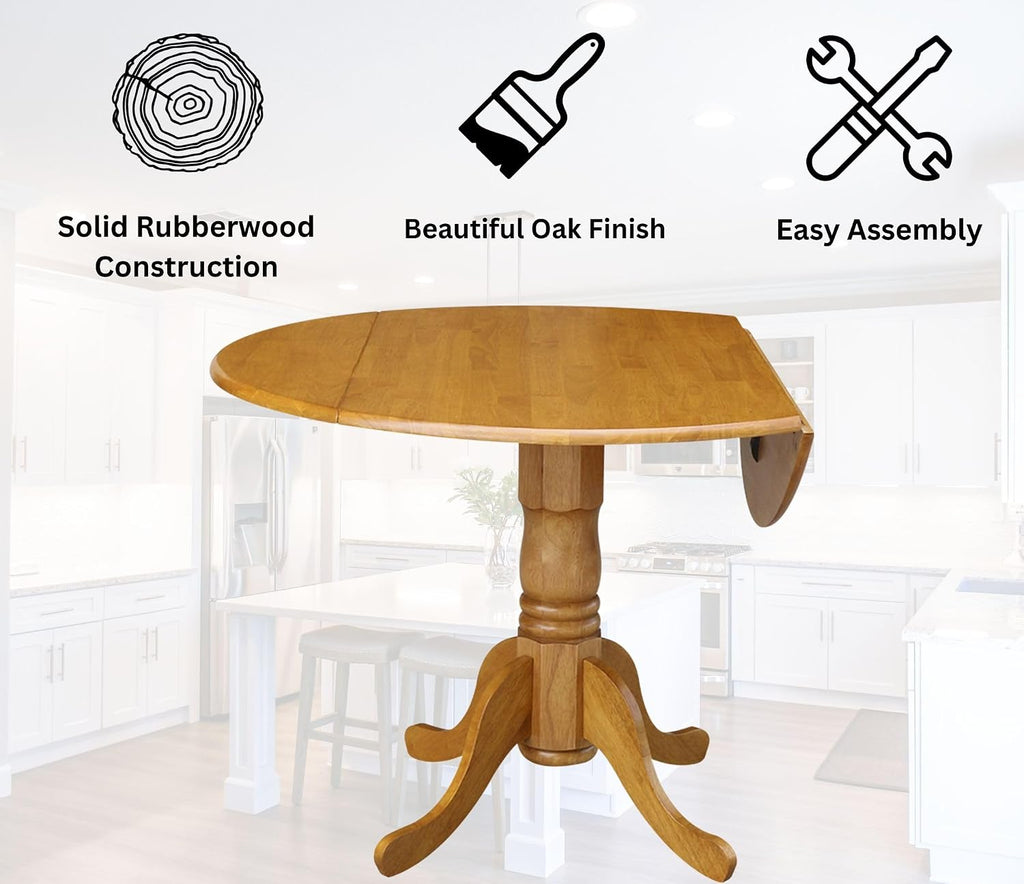 IC International Concepts, 42' Round Dual Drop Leaf Pedestal Dining Table, Solid Real Wood, Sturdy Parawood, Dimensions 42'D x 42'W x 29.5'H, 20mm thickness, 40lbs Weight Capacity, Oak