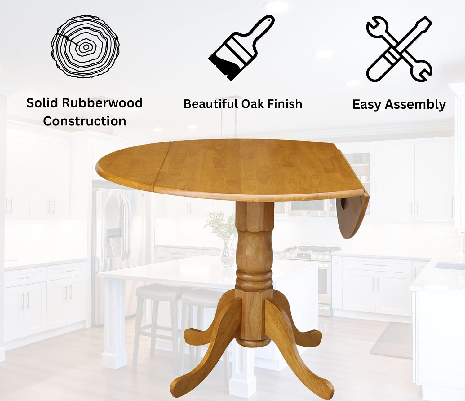 IC International Concepts, 42' Round Dual Drop Leaf Pedestal Dining Table, Solid Real Wood, Sturdy Parawood, Dimensions 42'D x 42'W x 29.5'H, 20mm thickness, 40lbs Weight Capacity, Oak