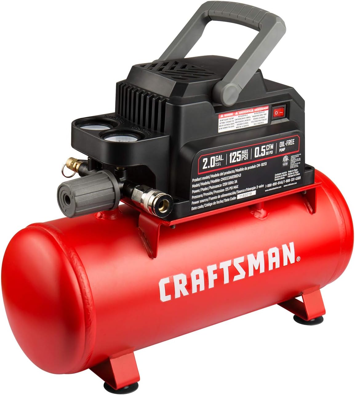 Craftsman Air Tools, 2 Gallon Portable Air Compressor 1/3 HP Oil-Free Max 125 PSI Pressure, Hot Dog, Model: CMXECXA0200243
