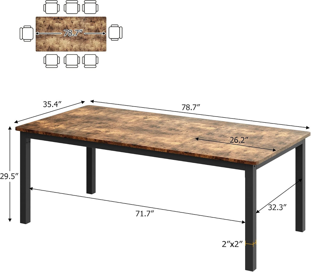 GarveeHome 78.7 in Industrial Dining Table for 6, Wooden Long Dinner Table with Mortise Tenon Design, Kitchen Table with Sturdy Metal Legs, for Dining Room Home Office Living Room, Retro