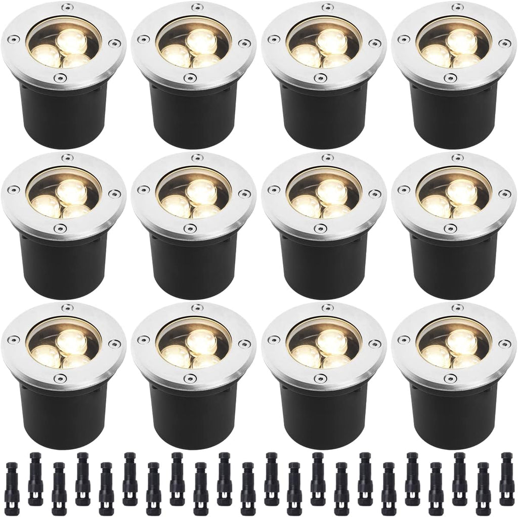 3W Led Low Voltage Landscape Lighting with Wire Connectors and Well Lights for Garden, Driveway, Deck, Tree (12 Pack)