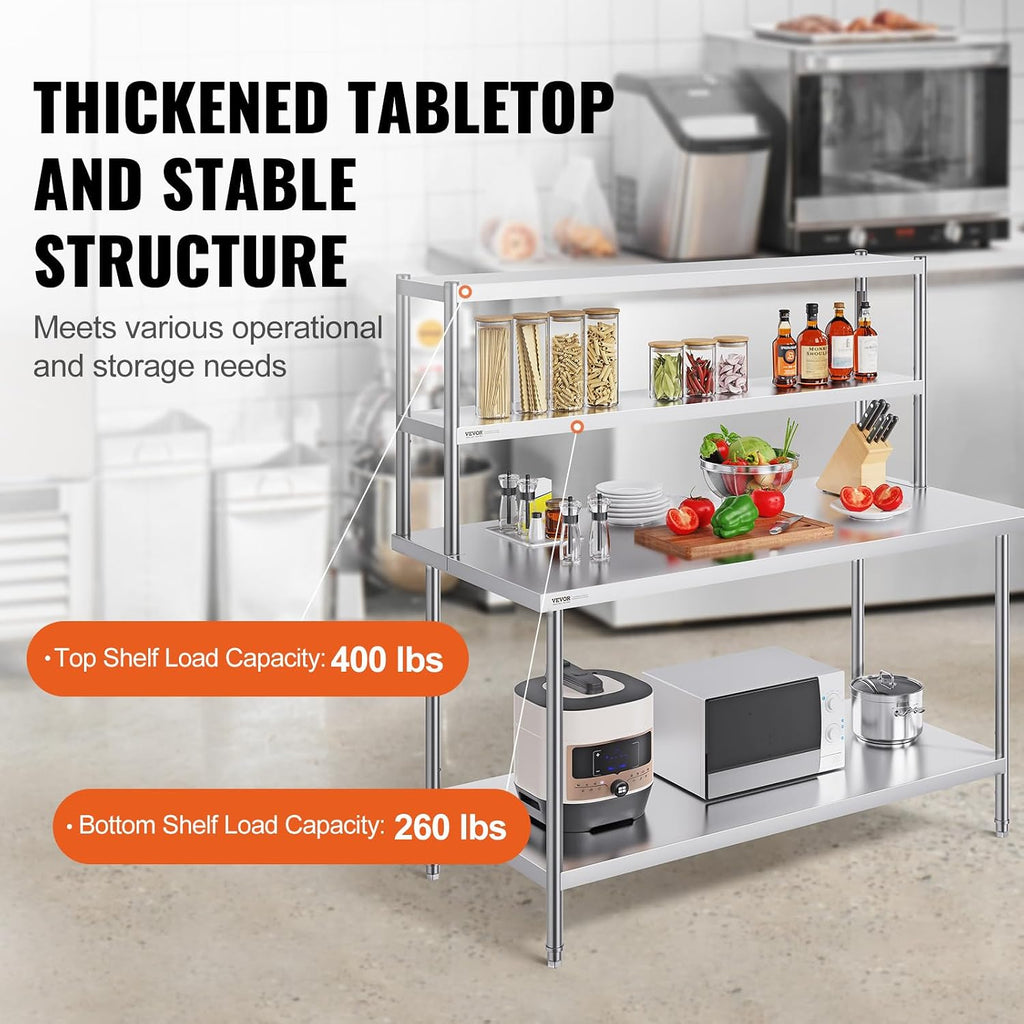 VEVOR Stainless Steel Overshelf, 12 x 60 Inch Double Deck Height Adjustable Prep Work Table for Kitchen, Restaurant and Workshop