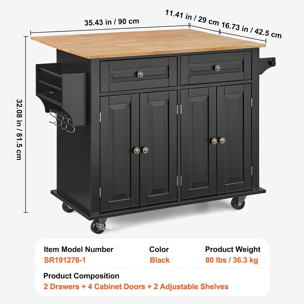 VEVOR Kitchen Island Cart, 35' Wood Top Mobile Carts with Storage Cabinet, Rolling Table with Drop Leaf, Spice Rack, Towel Bar, Adjustable Shelf, Drawer, and Hooks, Portable Islands on Wheels, Black