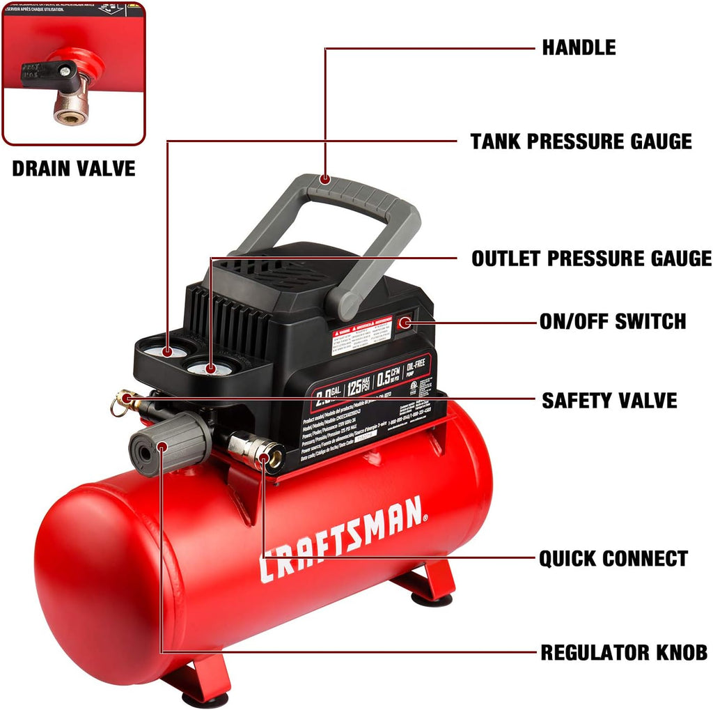 Craftsman Air Tools, 2 Gallon Portable Air Compressor 1/3 HP Oil-Free Max 125 PSI Pressure, Hot Dog, Model: CMXECXA0200243