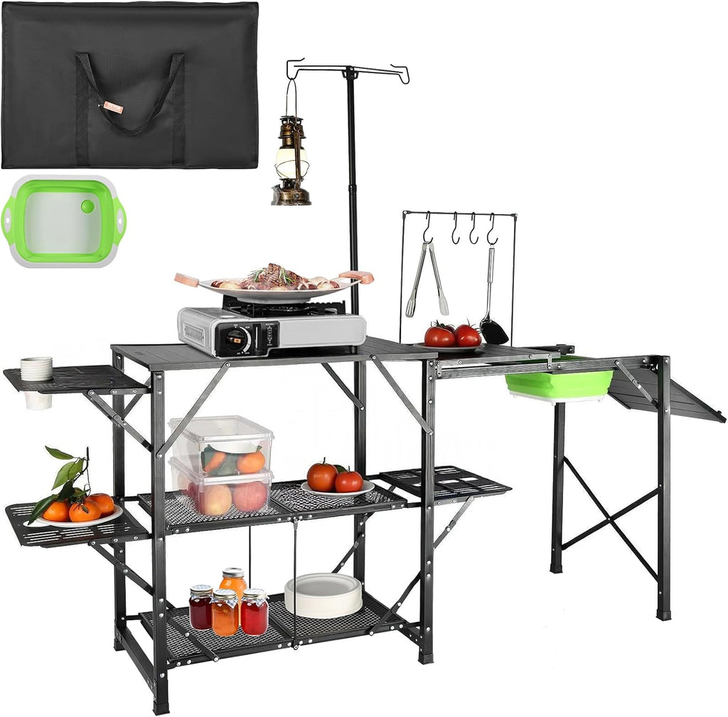 VEVOR Camping Kitchen Table with Sink, Aluminum Folding Portable Outdoor Cook Station, 2 Shelves & Carrying Bag for Picnic BBQ Beach Traveling