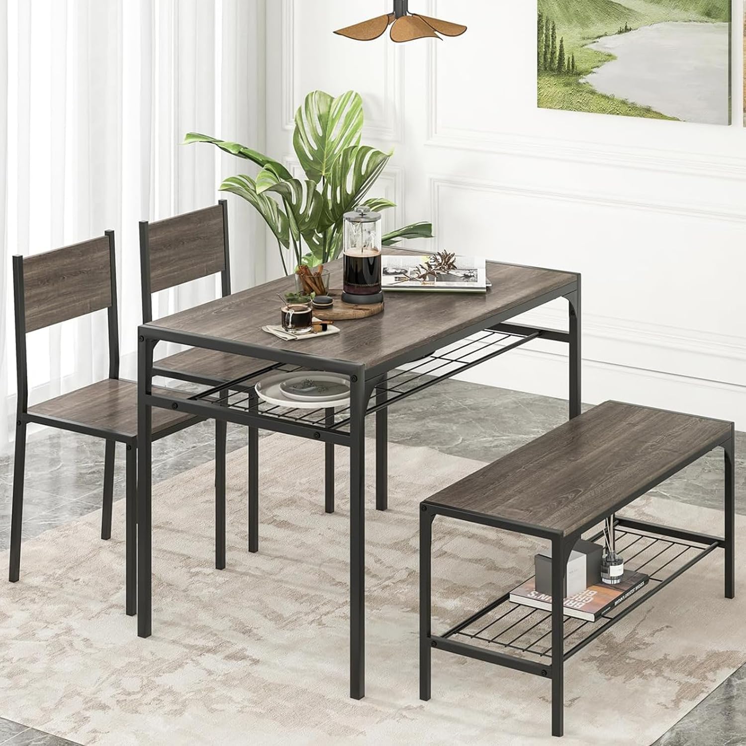 Tangkula Dining Table Set for 4, Kitchen Table and 2 Chairs for 4 with Bench, Additonal Storage Rack, 4 Piece Dining Table Set for Small Space, Apartment