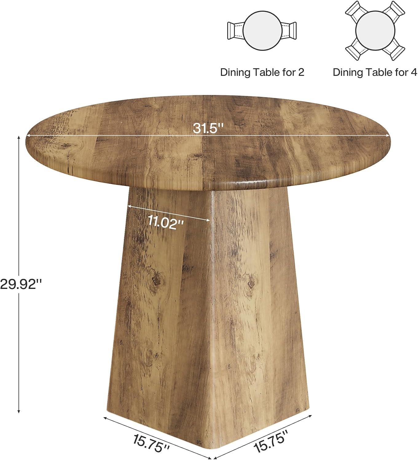 Tribesigns 31.5-Inch Round Dining Room Table for 2-4, Farmhouse Small Kitchen Dinner Table with Square Base for Dining Room Living Room, Rustic Brown