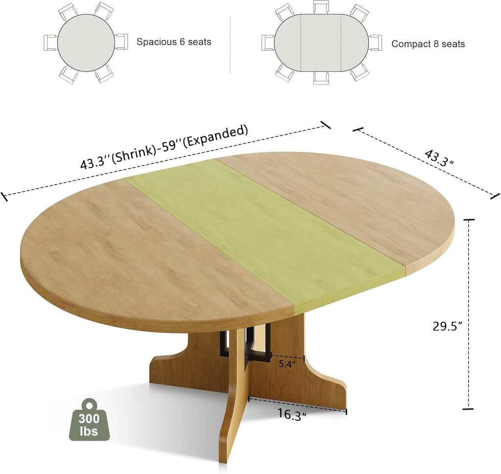 Feonase 59' Round Extendable Dining Room Table for 6, Modern Oval Kitchen Table with Heavy Duty Wood Base, for Kitchen Dining Living Room, Easy Assembly, Noise-Free, Oak
