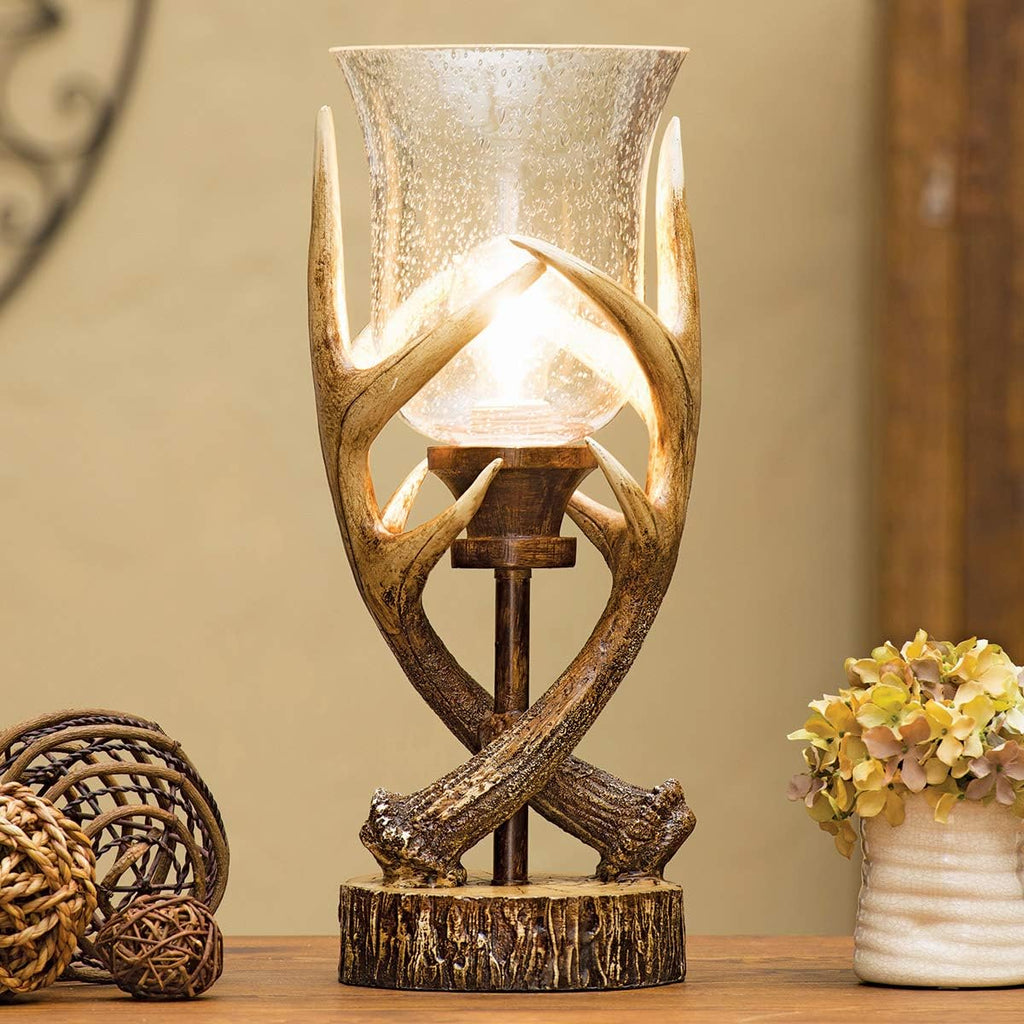 BLACK FOREST DECOR Antler Lodge Uplight Lamp - Rustic Lodge Lamp with Seeded Glass Globe