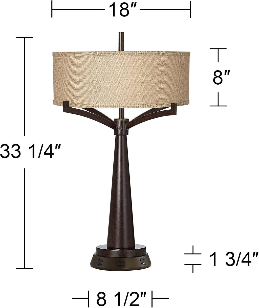 Franklin Iron Works Tremont Rustic Farmhouse Table Lamp 31 1/2' Tall with USB and AC Power Outlets in Base Bronze Iron Burlap Drum Shade for Bedroom Living Room House Bedside Nightstand Home Office