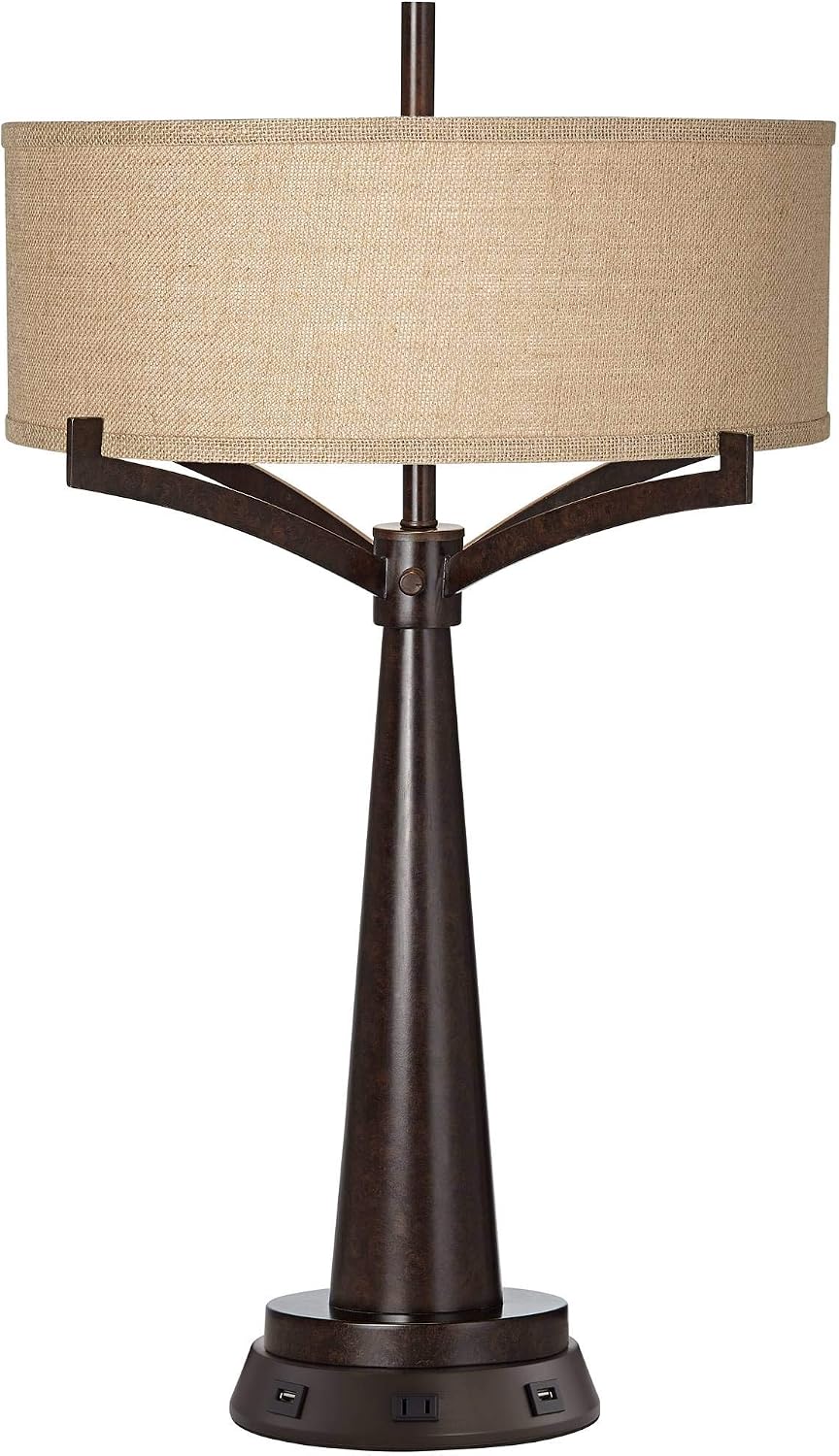Franklin Iron Works Tremont Rustic Farmhouse Table Lamp 31 1/2' Tall with USB and AC Power Outlets in Base Bronze Iron Burlap Drum Shade for Bedroom Living Room House Bedside Nightstand Home Office
