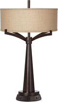 Franklin Iron Works Tremont Rustic Farmhouse Table Lamp 31 1/2' Tall with USB and AC Power Outlets in Base Bronze Iron Burlap Drum Shade for Bedroom Living Room House Bedside Nightstand Home Office