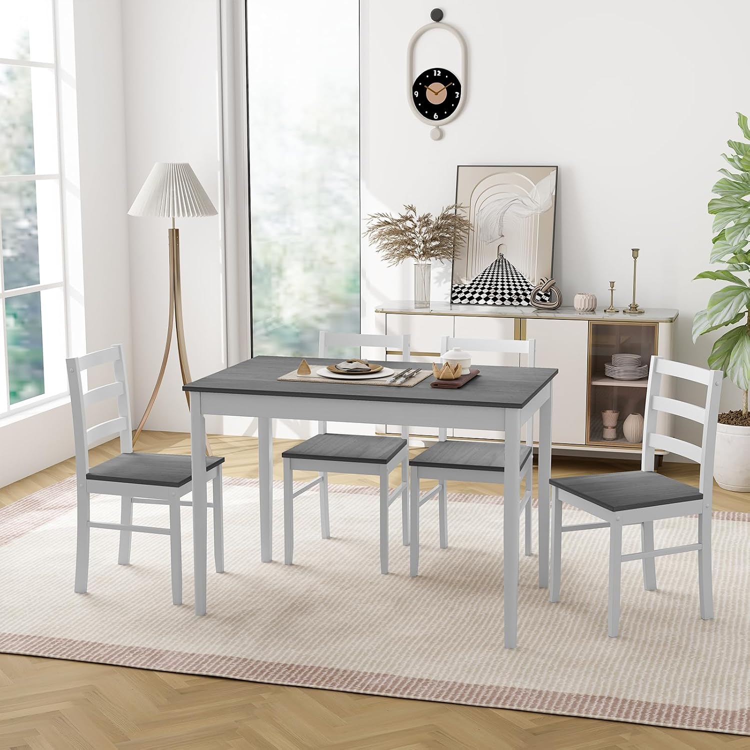 Giantex 5-Piece Dining Table Set for 4, 45' Rectangular Kitchen Table and Chairs Set with Solid Rubber Wood Legs, Space Saving Dinette Set for Small Space, Breakfast Nook, Restaurant (Grey)