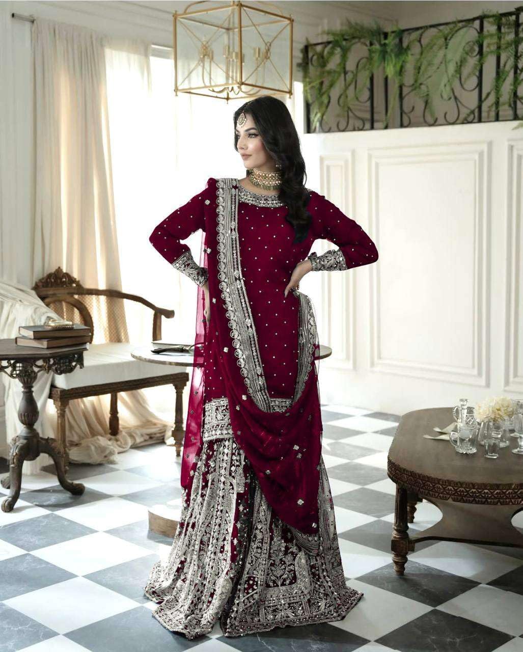 AYOSA RETAIL Women's Faux Georgette Embroidered Straight Kurta with Sharara & Dupatta Set with Rivet Moti Work