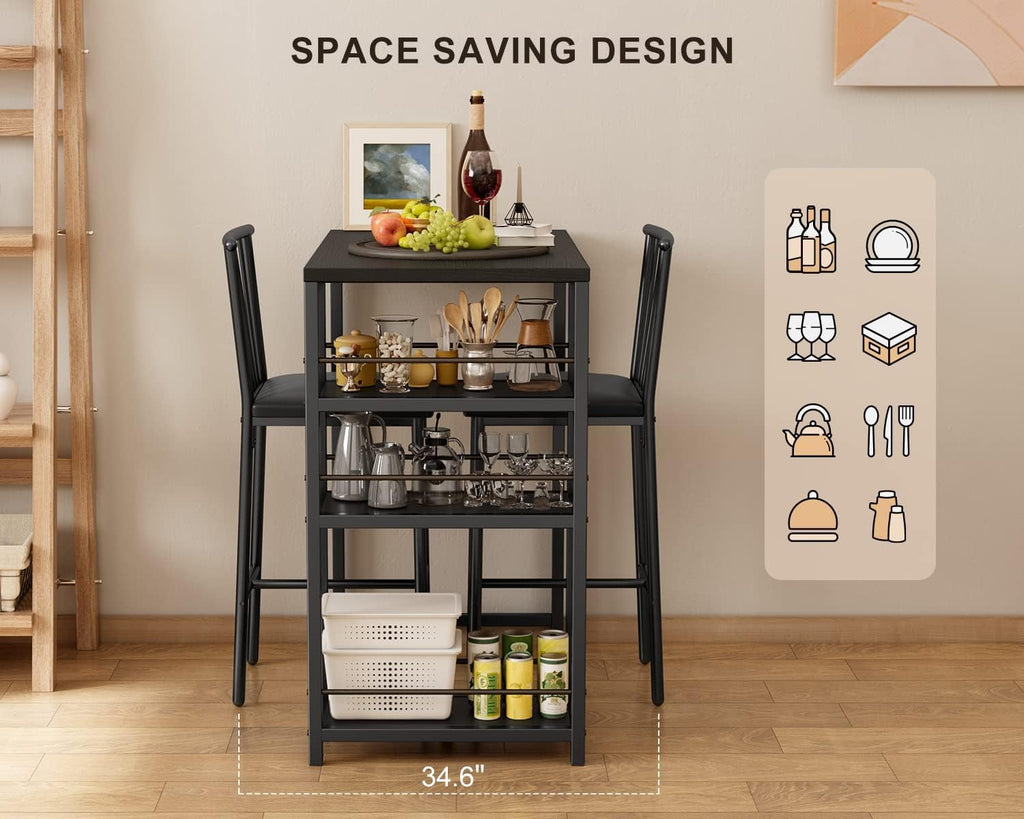 Gizoon Dining Table Set for 2 with 3 Storage Shelves, Kitchen Table and Chairs for 2 with Pu Cushion Chairs & Thick Wood Top, 3 Piece Dining Table Set for Small Space, Apartment - Black