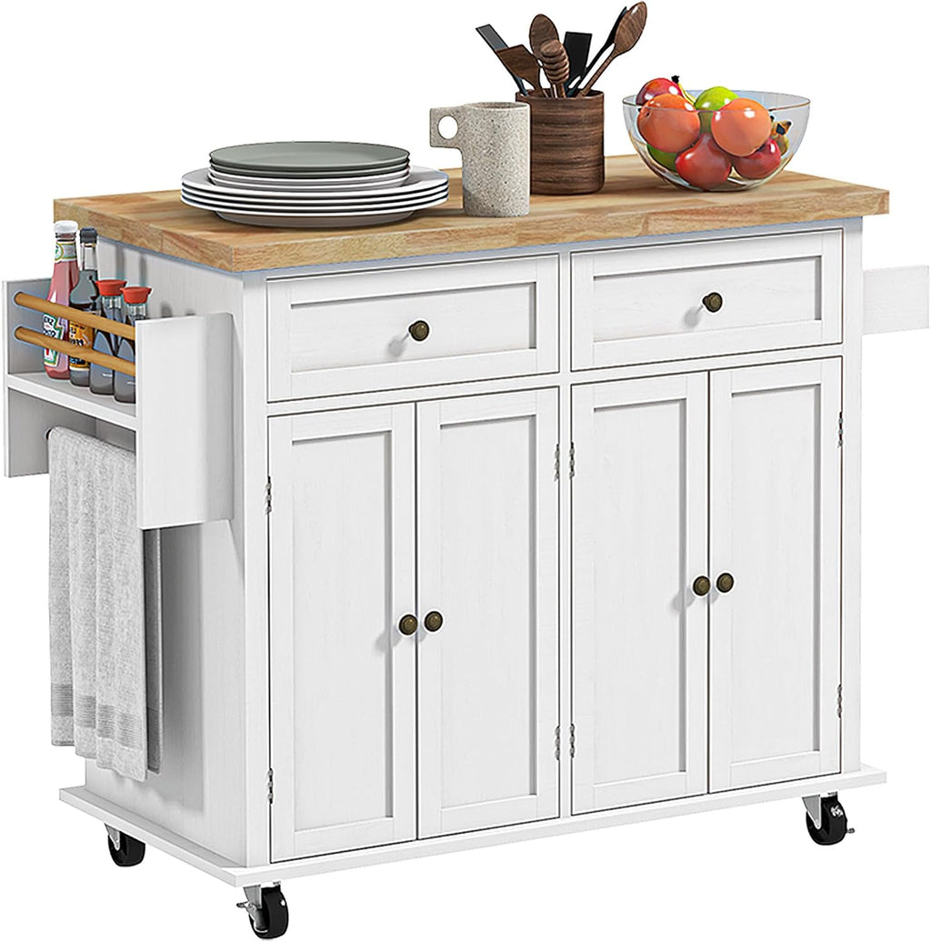 HOMCOM Kitchen Island Cart with Solid Wood Top, 44' Mobile Kitchen Island Table on Wheels with Storage Cabinets, 2 Drawers, Adjustable Shelves, Spice Rack & Towel Bar for Dining Room, Distressed White