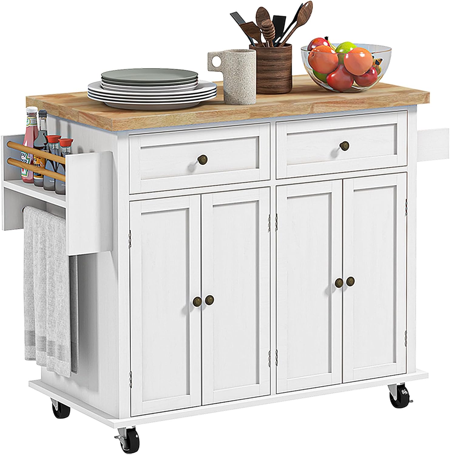 HOMCOM Kitchen Island Cart with Solid Wood Top, 44' Mobile Kitchen Island Table on Wheels with Storage Cabinets, 2 Drawers, Adjustable Shelves, Spice Rack & Towel Bar for Dining Room, Distressed White