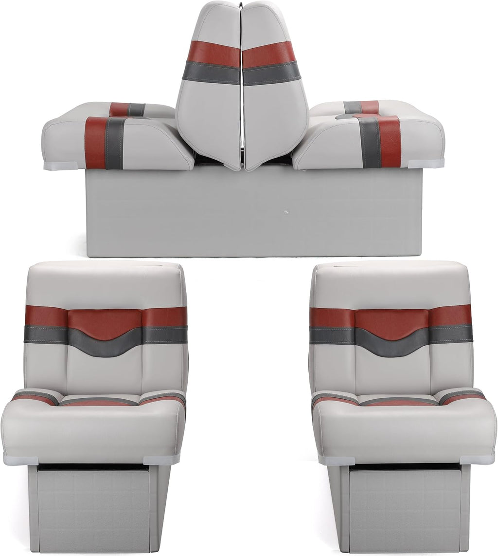 Back to Back Boat Seat, NORTHCAPTAIN 3-in-1 Convertible Lounge Chair Folding L-Shape Deck Seat with Marine-Grade Vinyl for Fishing Boat Bass Boat Jon Boat, Light Grey/Charcoal/Wine Red