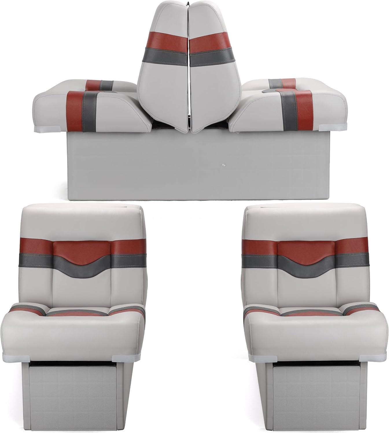 Back to Back Boat Seat, NORTHCAPTAIN 3-in-1 Convertible Lounge Chair Folding L-Shape Deck Seat with Marine-Grade Vinyl for Fishing Boat Bass Boat Jon Boat, Light Grey/Charcoal/Wine Red