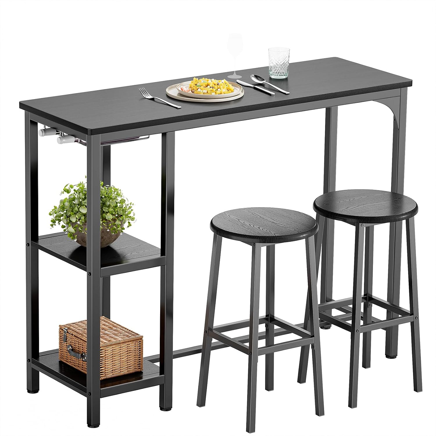 Bealife Bar Table with Bar Stool Set for 2 People, Pub Table Set with 2 Shelves and Glass Holder, Kitchen Bar Table Set for Kitchen, Living Room, Dining Room (Black)
