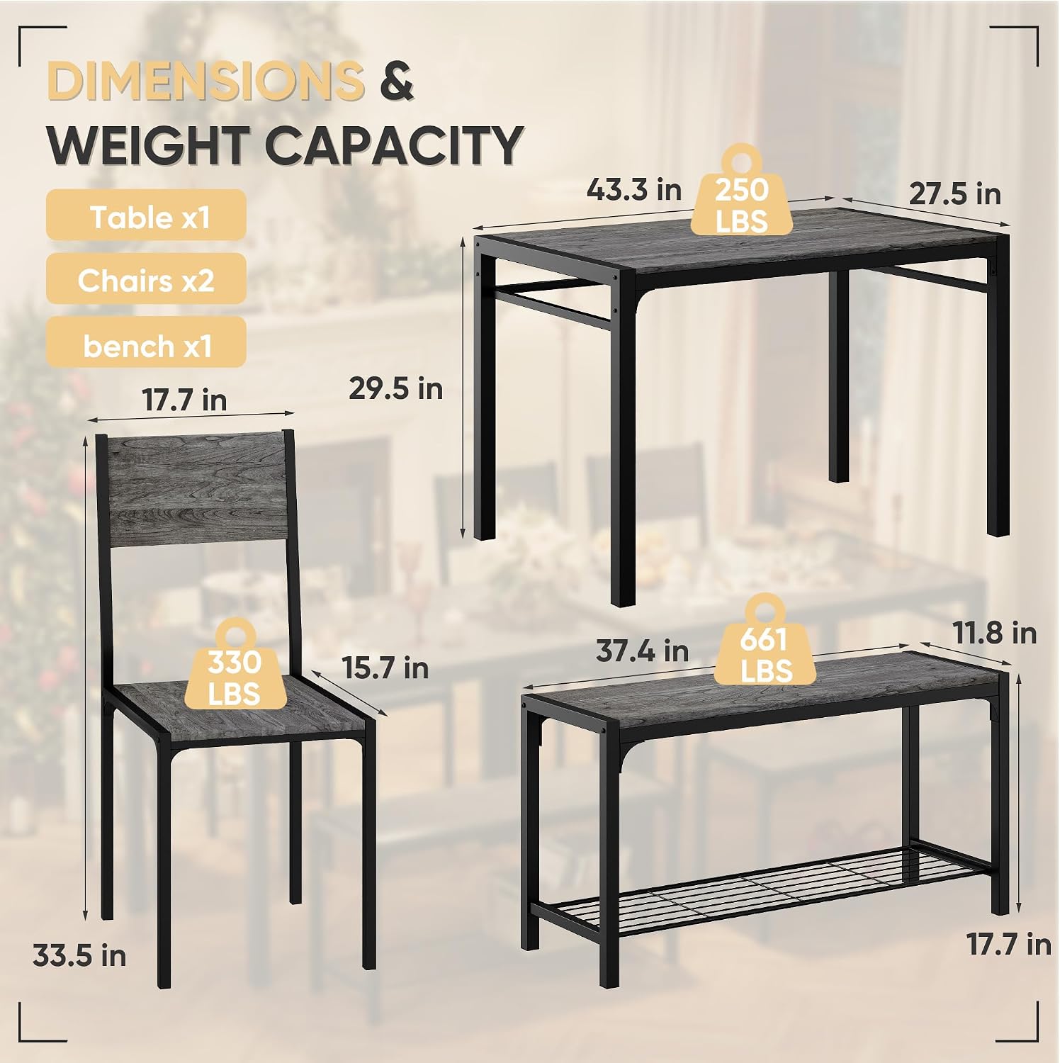 Shahoo Kitchen Table and 2 Chairs for 4 with Bench, 4 Piece Dining Sets for Small Space, Dark Grey