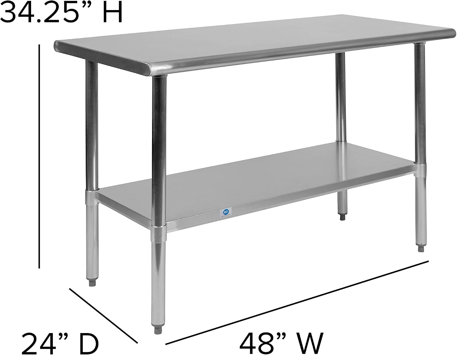 Flash Furniture Rawcliffe NSF Certified Stainless Steel Kitchen Prep and Work Table, Commercial Work Table with Storage, 48'W x 24'D x 34.5'H, Silver