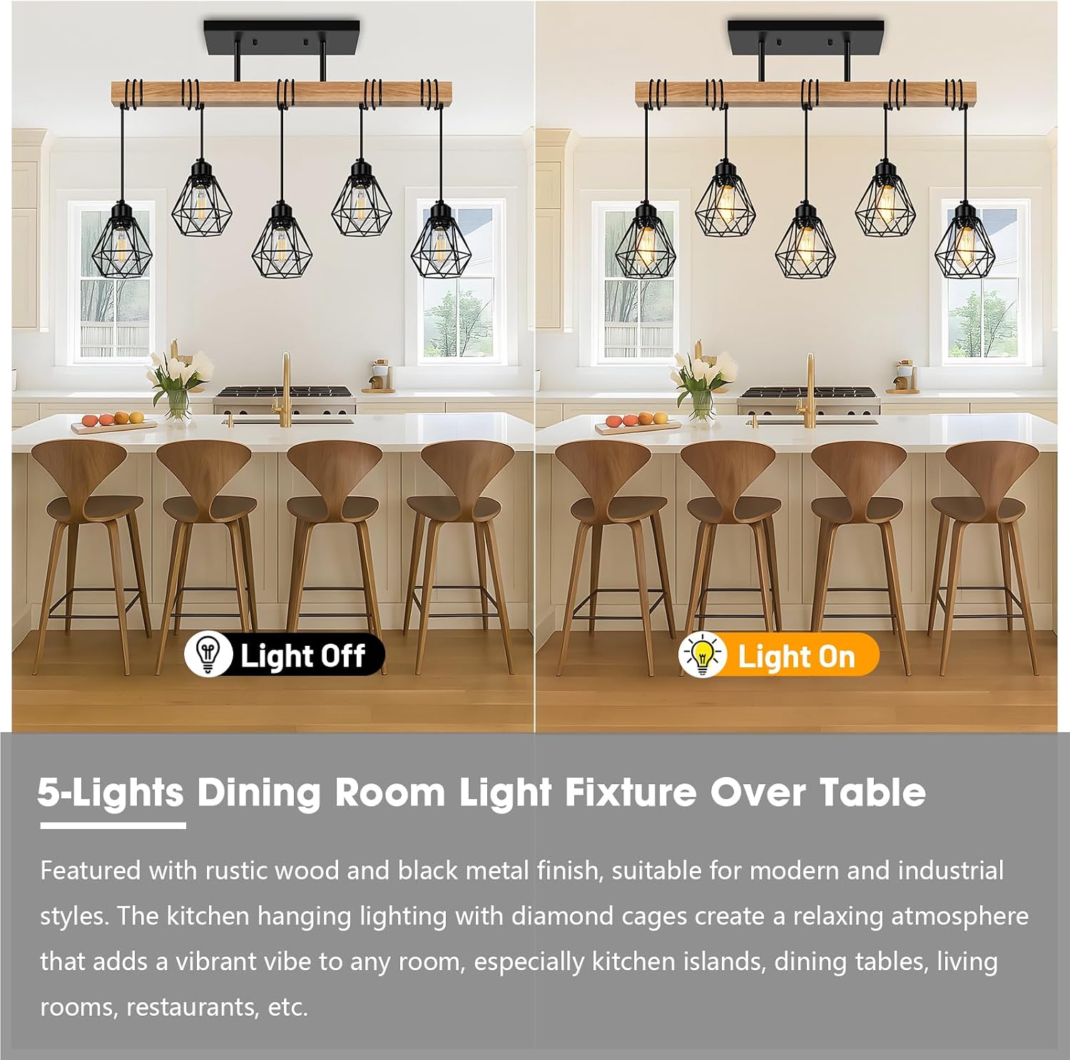 5-Lights Farmhouse Hanging Pendant Light, Dinng Room Light Fixtures for Kitchen Island Lighting Over Table, Black Rustic Wood Ceiling Pendant Lights with Metal Shade for Living Room, Foyer