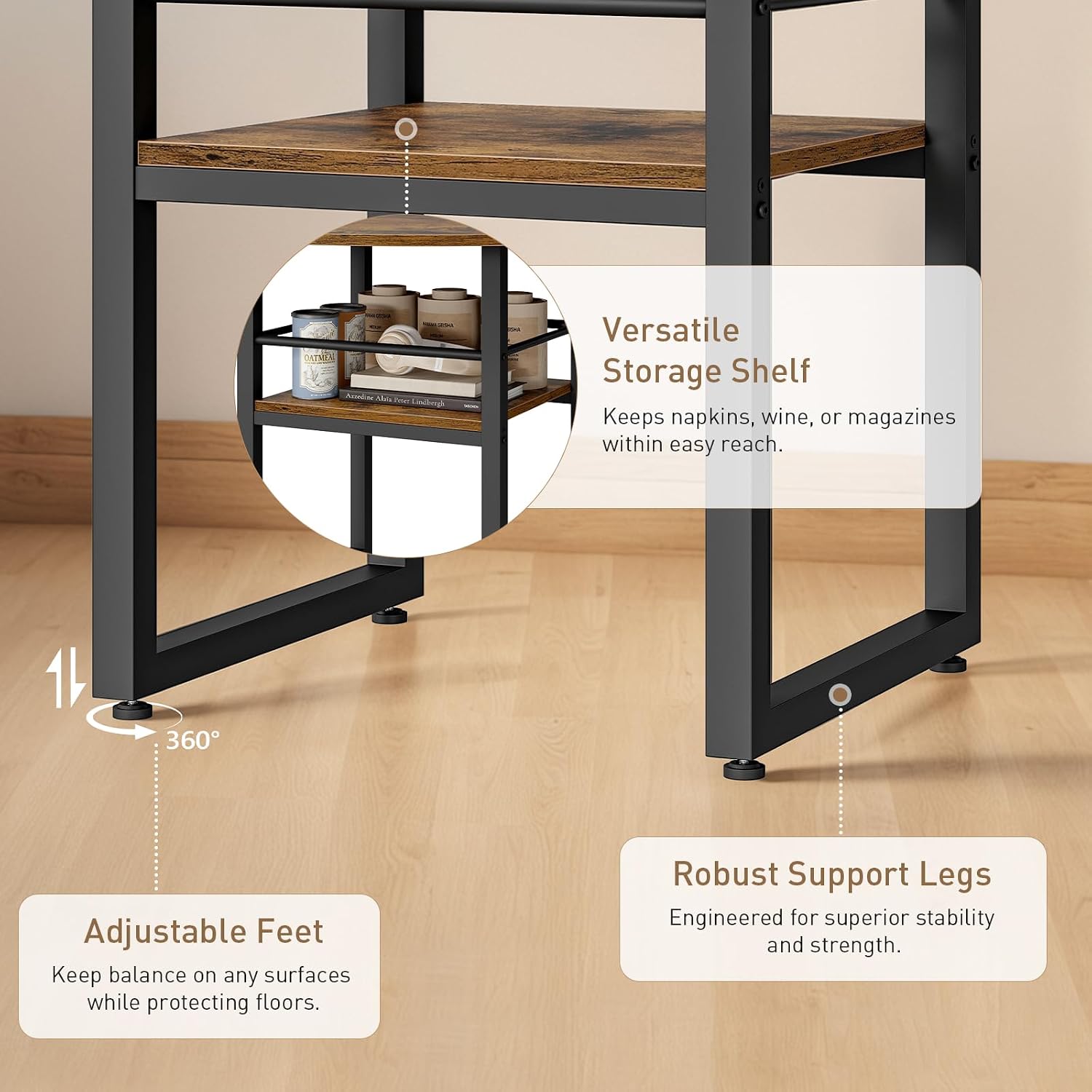 RALGEND Round Dining Table Set for 4, 5-Piece Kitchen Table and Chairs with Storage Shelf, Circle Dinner Table Set with Wooden Tabletop & Metal Legs, for Kitchen & Dining Room, Rustic Brown and Black