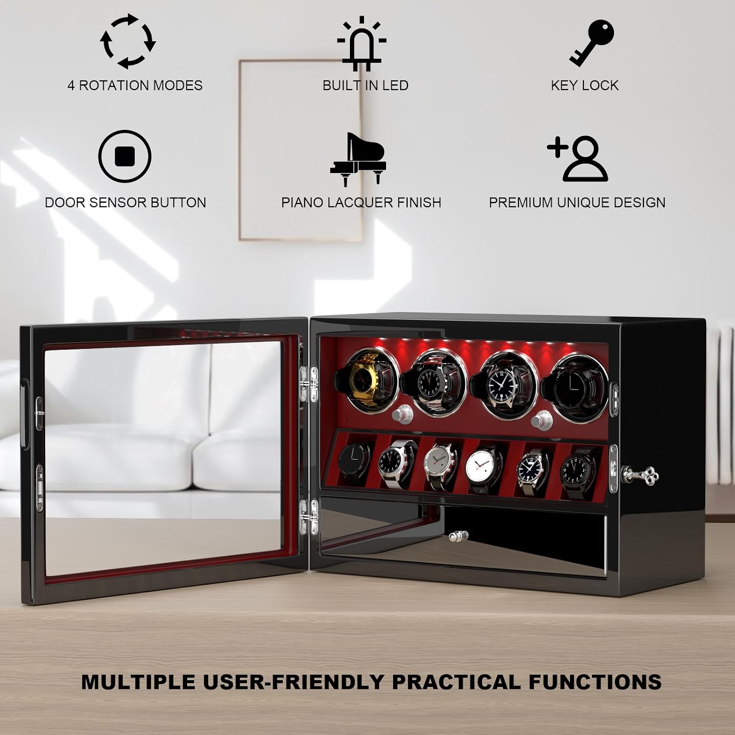 DUKWIN Watch Winder for 4/6/8 Automatic Watches, Lockable Winders with Watch Holders and Jewelry Storage, Super Quiet Motor with High-Gloss Finish, Built-in Illumination