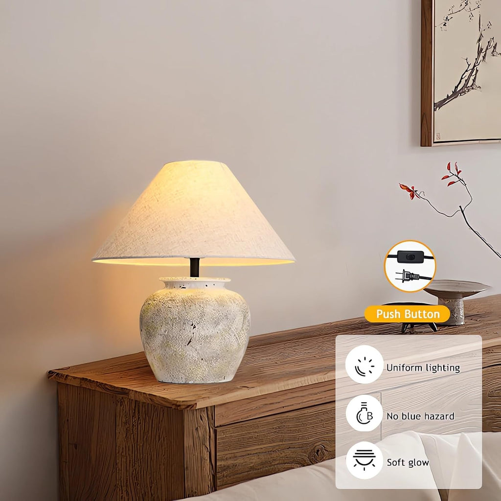 Farmhouse Table Lamp White Ceramic Lamps Rustic Clay Pot with Fabric Shade Decor for Living Room Bedroom House Bedside Nightstand Home Office
