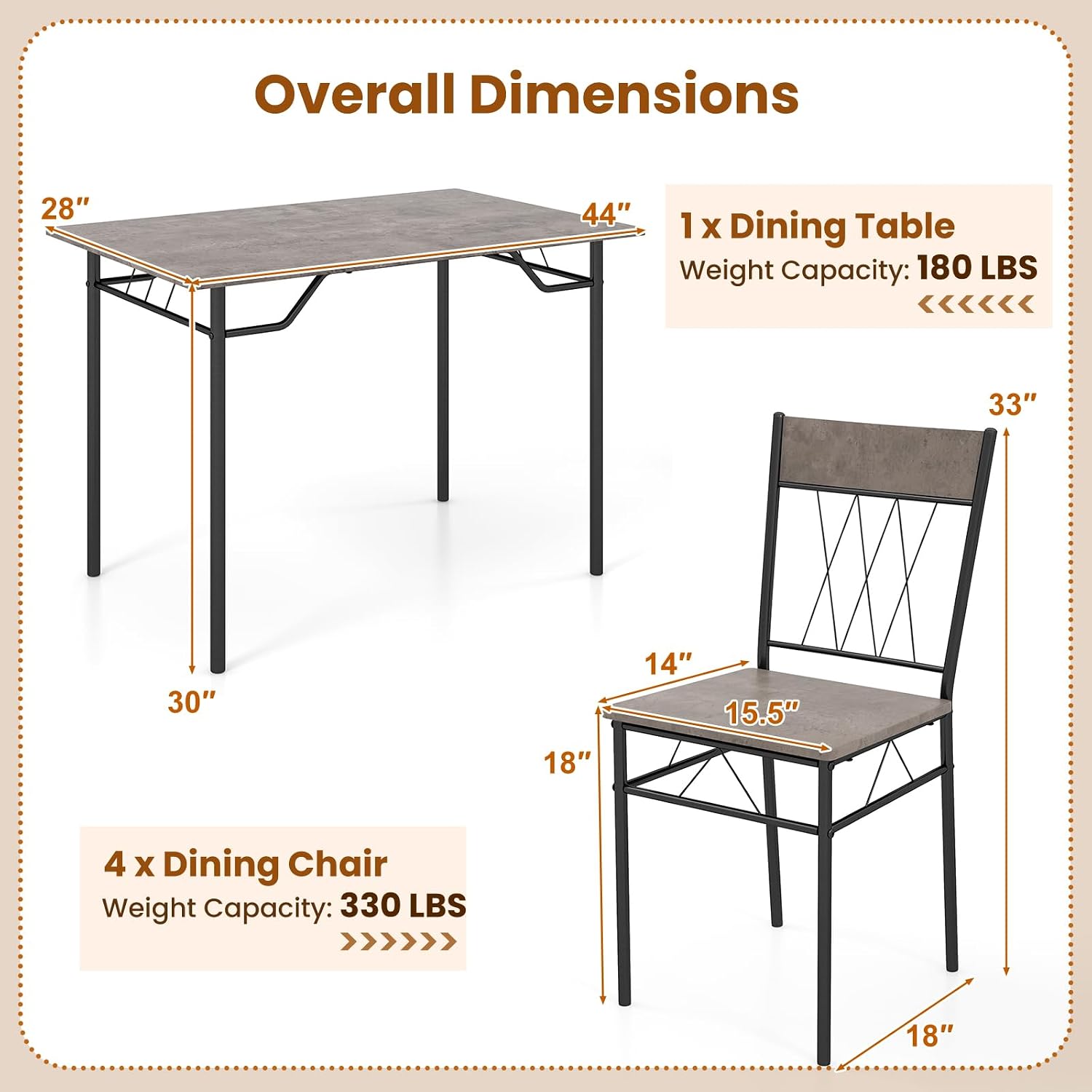 GOFLAME 5-Piece Dining Table Set for 4, Modern Kitchen Table and 4 Chairs Set with Metal Frame, Space-Saving Dinette Set for Dining Room, Living Room, Breakfast Nook, Small Space, Grey