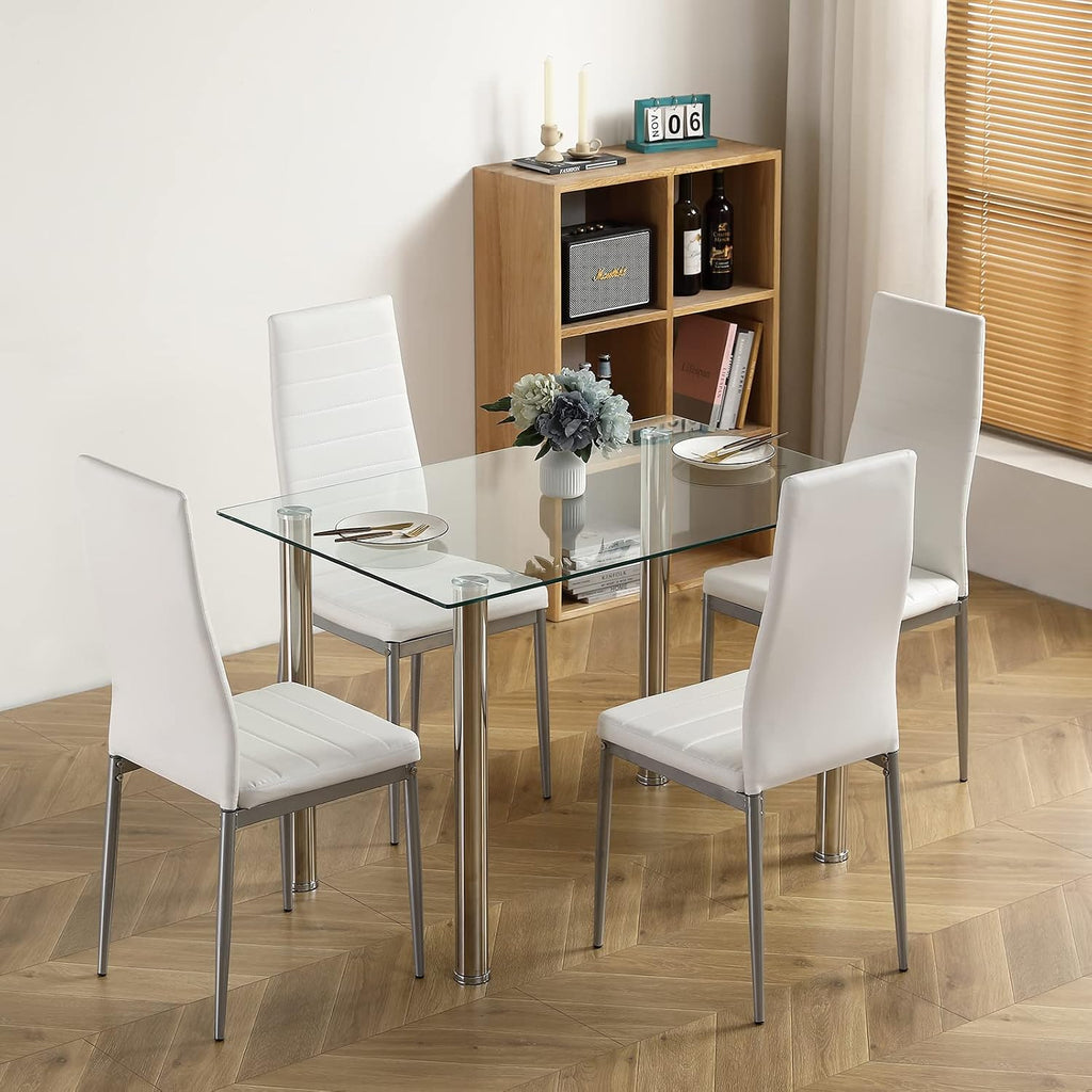 Karl home 5-Piece Dining Table Set with 1 Glass Dining Table and 4 Leather Chairs, Modern Silver Dining Table Set for Kitchen & Breakfast Dining Living Room, Space Saving